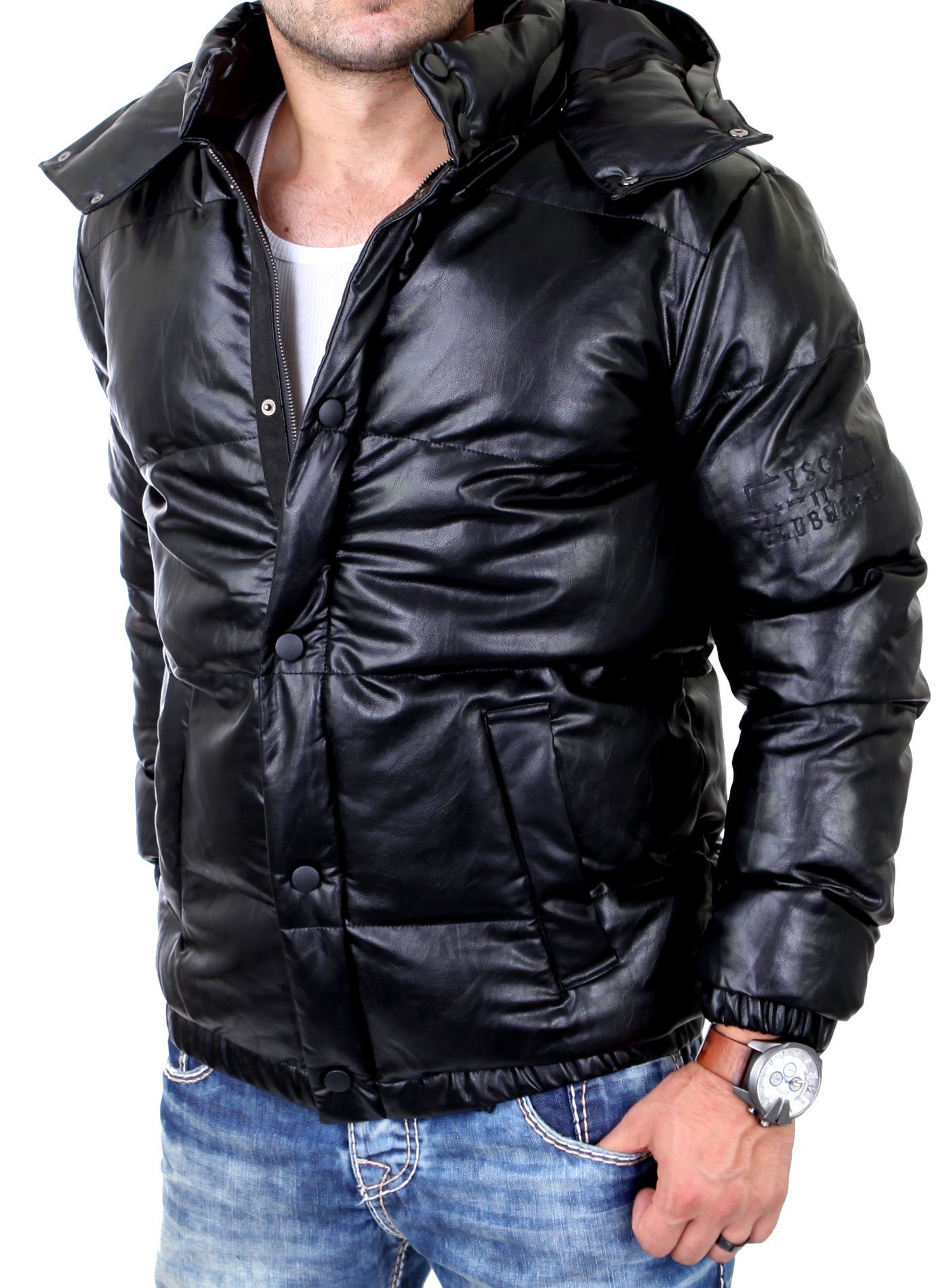 VSCT Winterjacke VSCT Winterjacke Herren Padded Lederblouson Kapuzen Jacke V-5800372 warme gesteppte Jacke mit Kapuze
