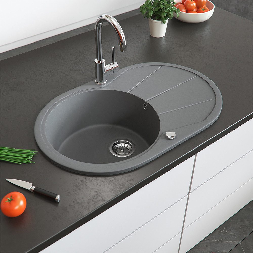 Bergstroem Granitspüle, Grau, 78 x 50 cm Rund mit Trockenplatz, Rund, 78/50 cm, beidseitig montierbar, (1 St)