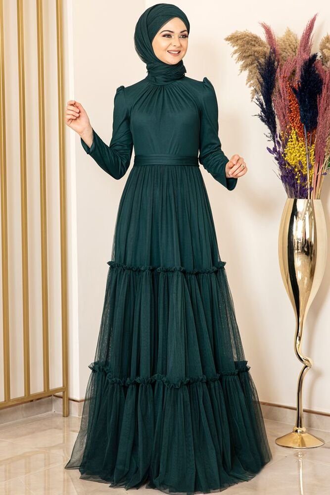 Modavitrini Abendkleid Tüllkleid mit Rüschenrock Hijab Kleid Abiye Abaya Maxikleid mit Lycra Smaragd-Grün