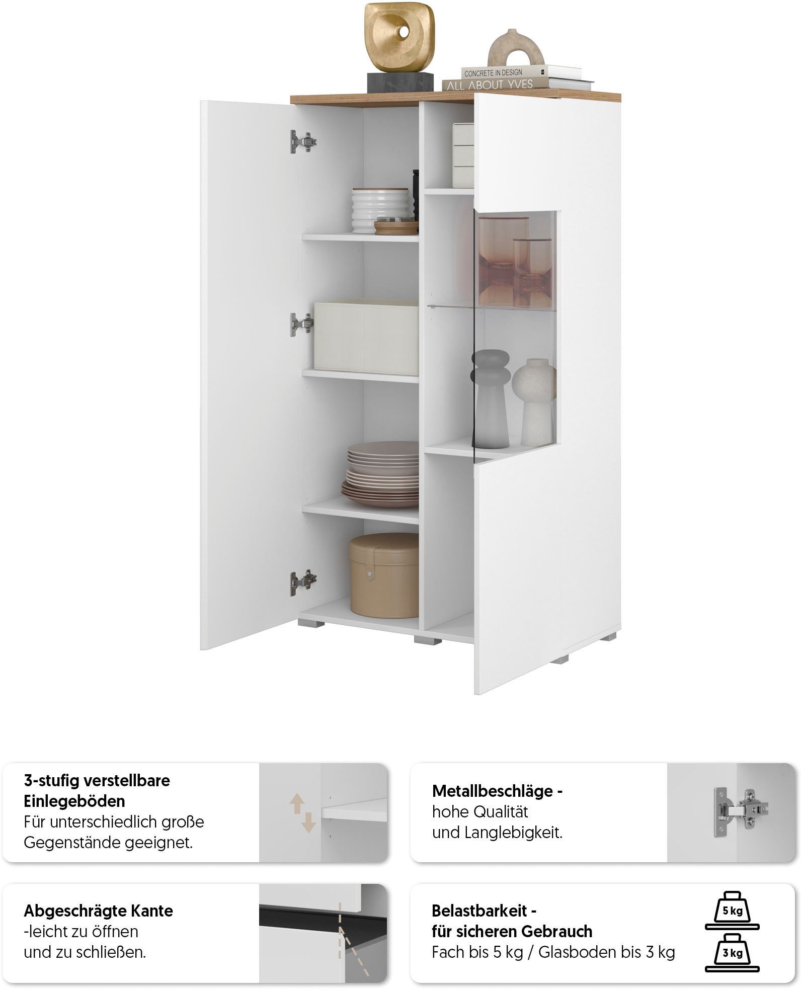 OTTO home Vitrine Modo, Breite 80 cm, moderner griffloser Vitrineschrank Vitrine mit viel Stauraum, Einlegeböden verstellbar, Glastür