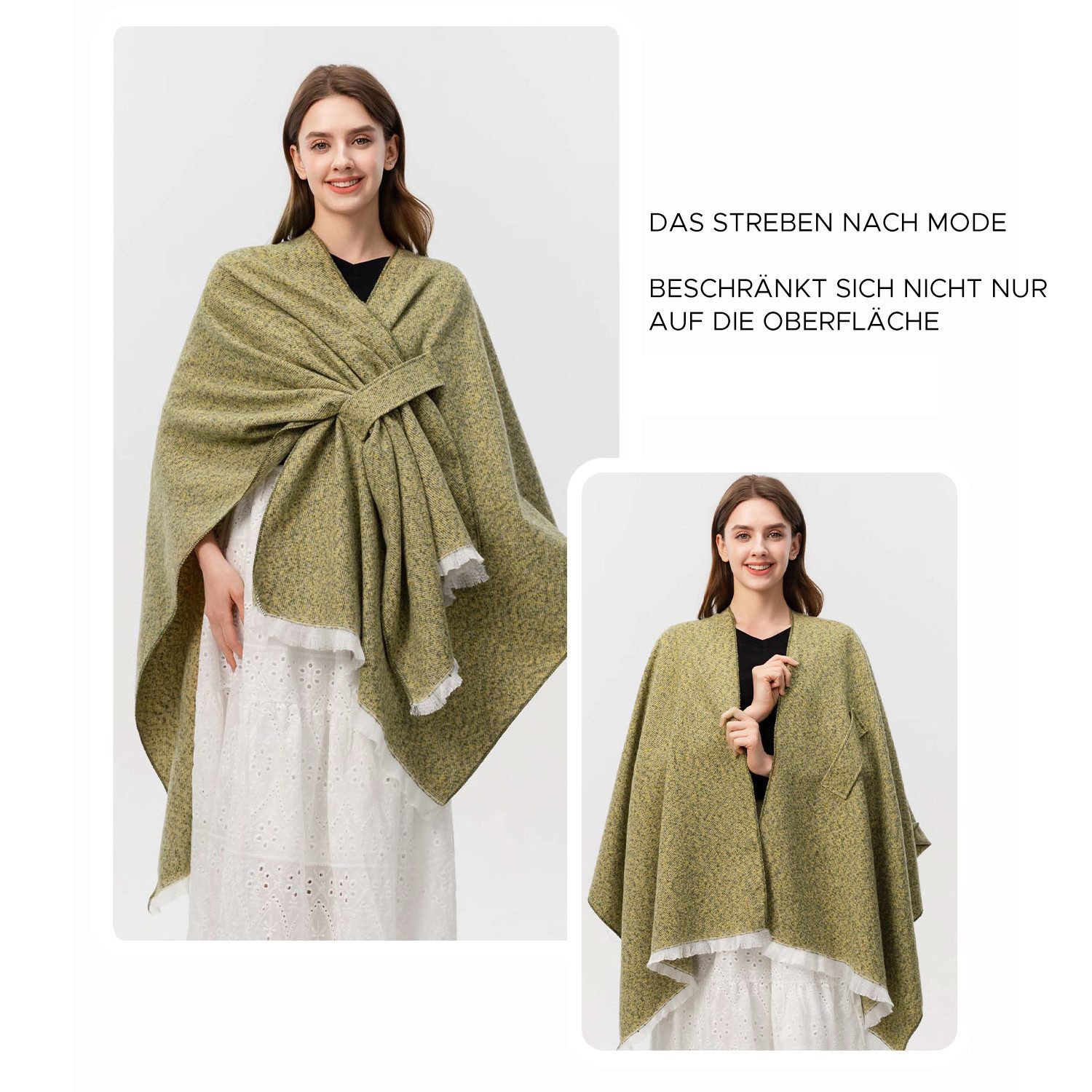 Refttenw Poncho Diagonal gebundener Schlitzumhang mit Quasten,Poncho Damen Winter