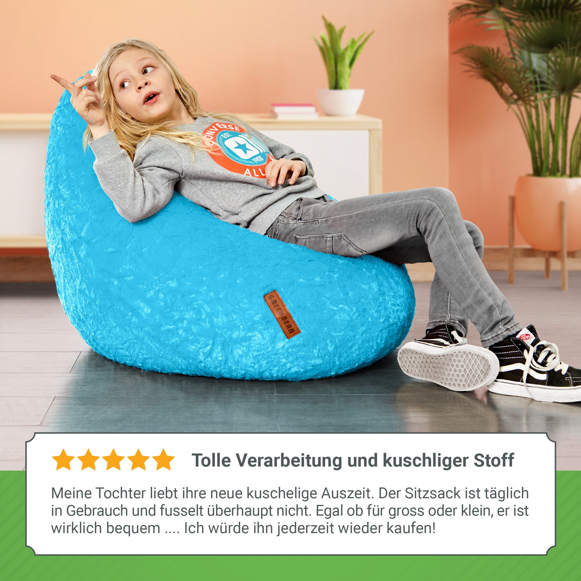 Green Bean Sitzsack Kinder Sitzsack Plüsch 60x45x45cm (60x45x45cm - Indoor Sitzkissen mit 120L EPS-Perlen Füllung, Kuschelig Waschbar), Bean Bag Bodenkissen Lou – Bild 3 von 5