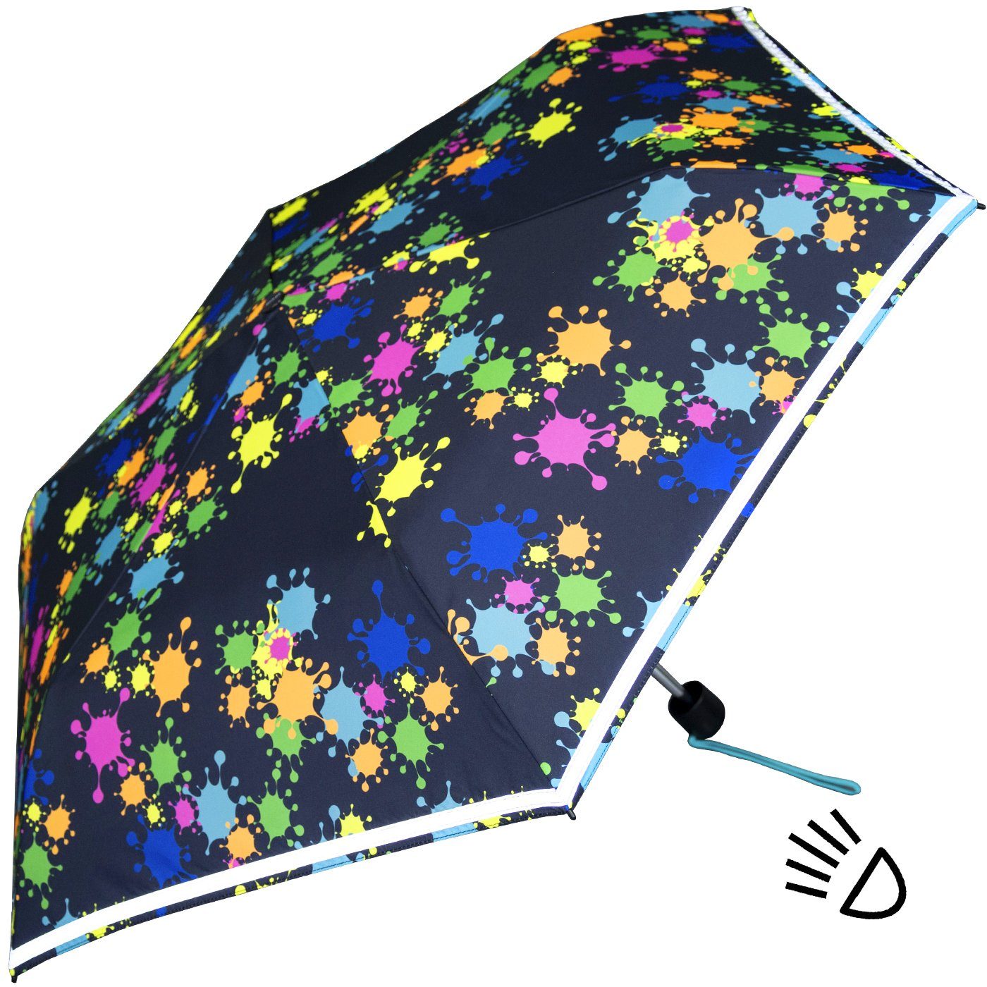 Knirps® Taschenregenschirm Kinderschirm 4Kids reflective mit Reflexborte, Sicherheit auf dem Schulweg, bunte Paintdrops