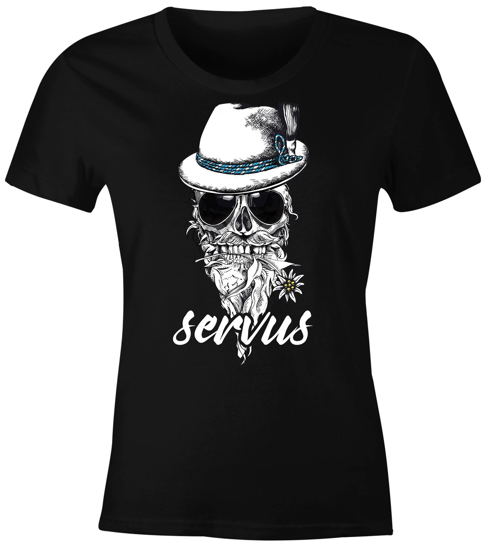 MoonWorks Print-Shirt Damen T-Shirt Aufdruck Totenkopf Filzhut Bayern Skull Blume Servus Schriftzug Fun-Shirt Frauen Moonworks® mit Print