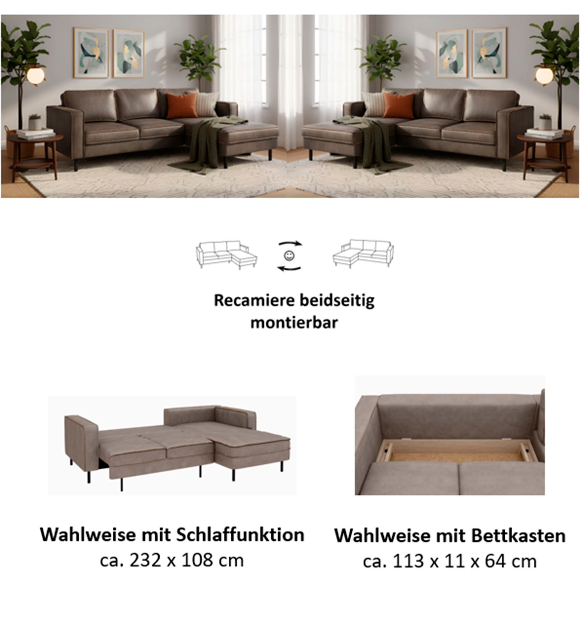 Home affaire Ecksofa Watkins, wahlweise mit Schlaffunktion/Bettkasten, moderne offene Naht, Recamiere beidseitig montierbar, L-Form, Breite 232 cm