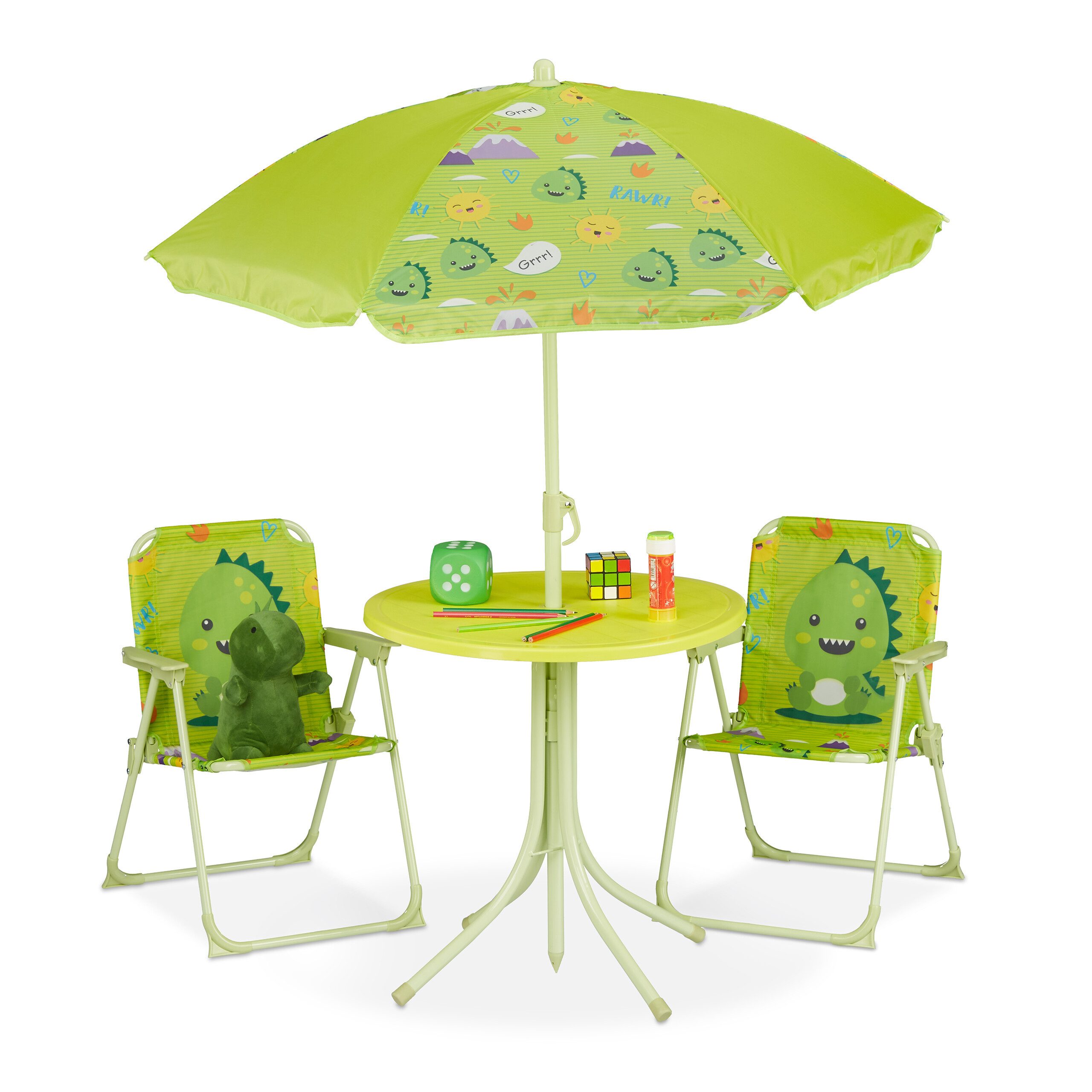 relaxdays Garten-Kindersitzgruppe Camping Kindersitzgruppe mit Schirm, (4-tlg), Monster
