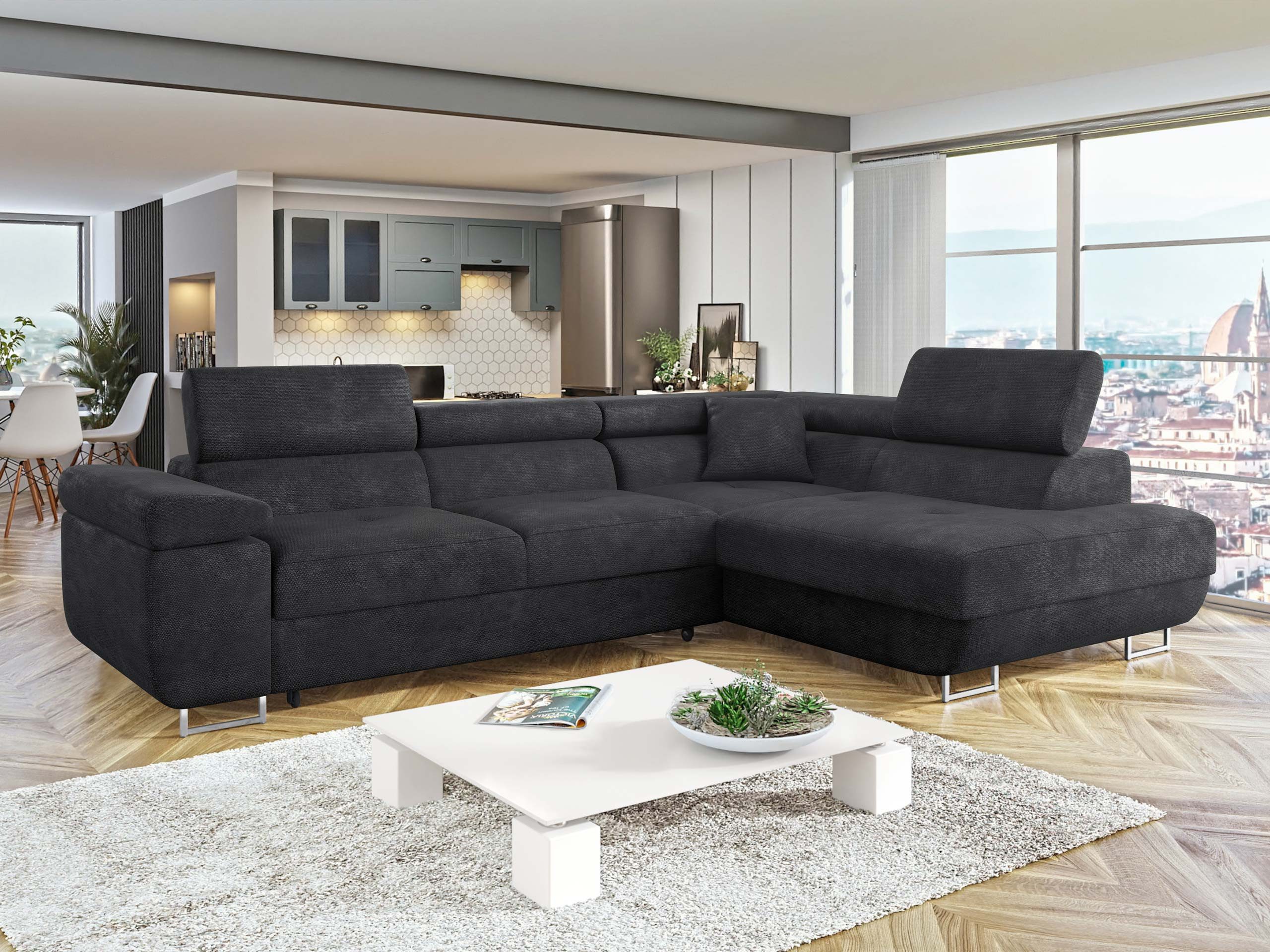 MIRJAN24 Ecksofa Torezio, mit Bettkasten und Schlaffunktion, Einstellbare Kopfstützen, 274x203x70-90 cm