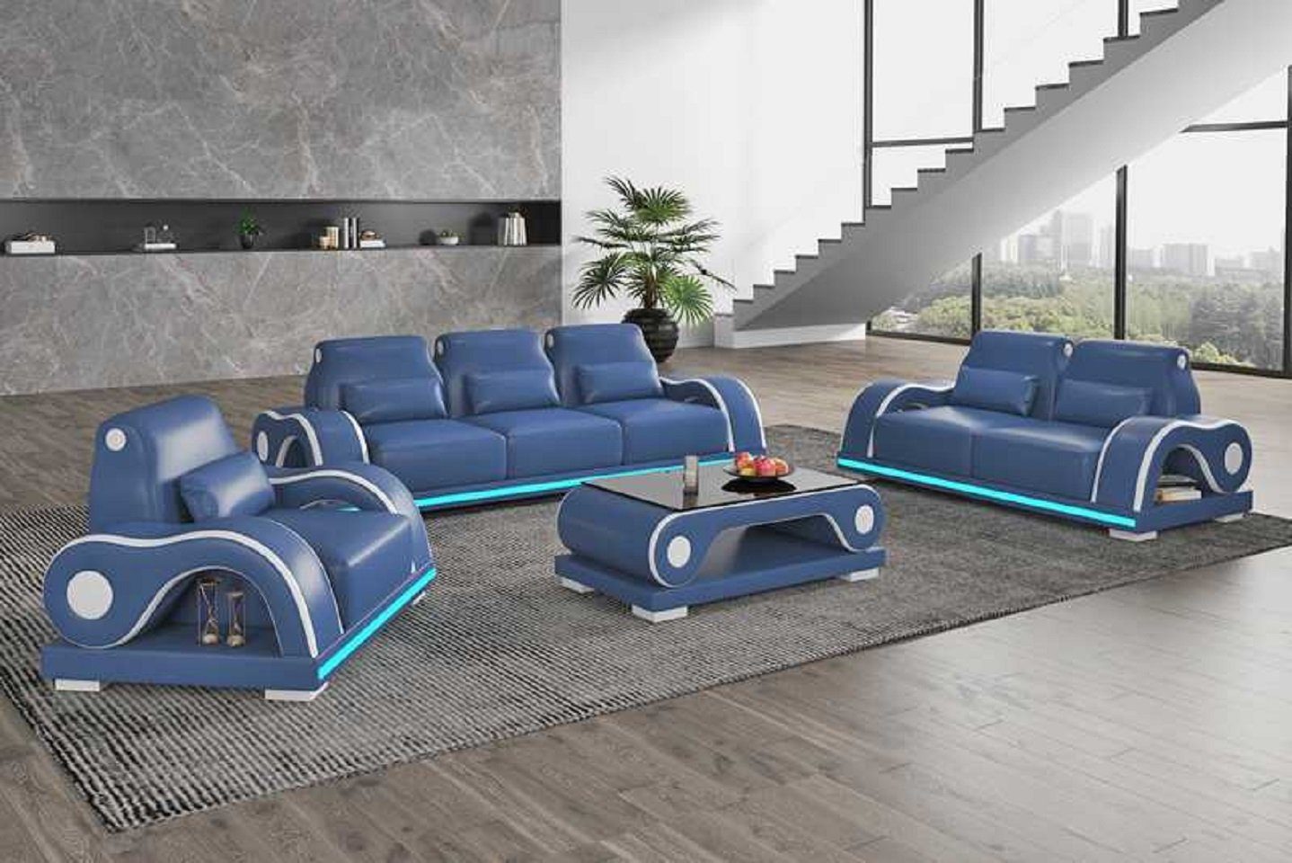 Wohnzimmer-Set Sessel), Komplette JVmoebel in Sitzer Couchgarnitur Nur 2+3 (3-St., + Sessel Wohnzimmer Luxus Sofa Sofas Europe Modern, Blau Made