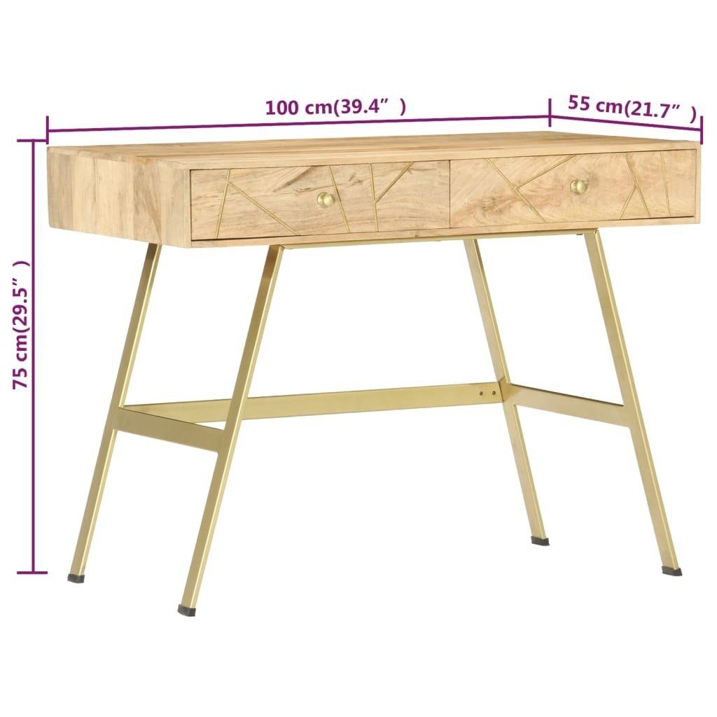 cm 3000918, Stahl Abmessungen Schubladen. in 2 Mango-Massivholz, und möbelando Schreibtisch aus Helles mit 100x55x75 Messingfarben (LxBxH) Holz