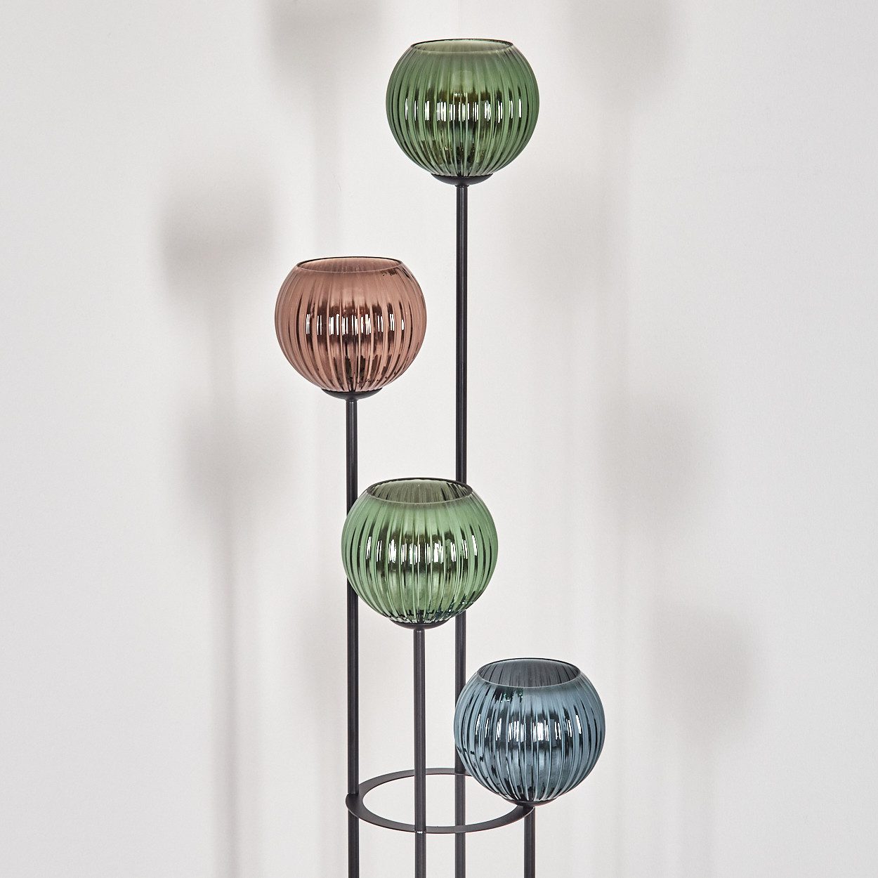 hofstein Stehlampe Stehlampe aus Metall/Holz/Riffelglas in Schwarz/Natur/Grün/Blau/Kupfer, ohne Leuchtmittel, Stehleuchte im Retro-Design m. Glasschirmen (15cm) – Bild 5 von 5
