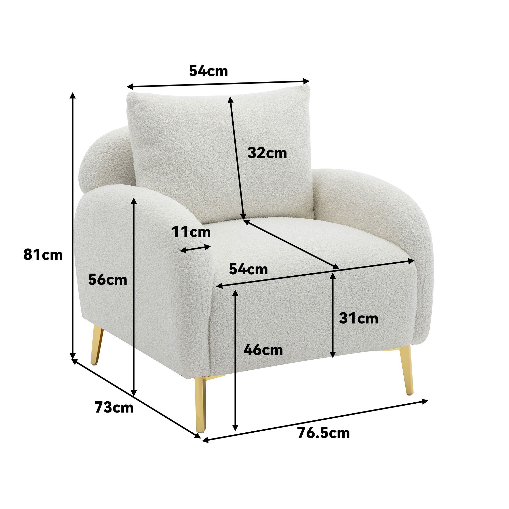 WISHDOR Sessel Polstersessel extra tiefer roségoldene Kissen, und Teddy-Samtstuhl, Einzelsessel schlichter Loungesessel, Sitzfläche breiter Sofabeine), Sofabeine großer und Sitzfläche, mit (Moderner Armlehnensessel mit weiß roségoldene