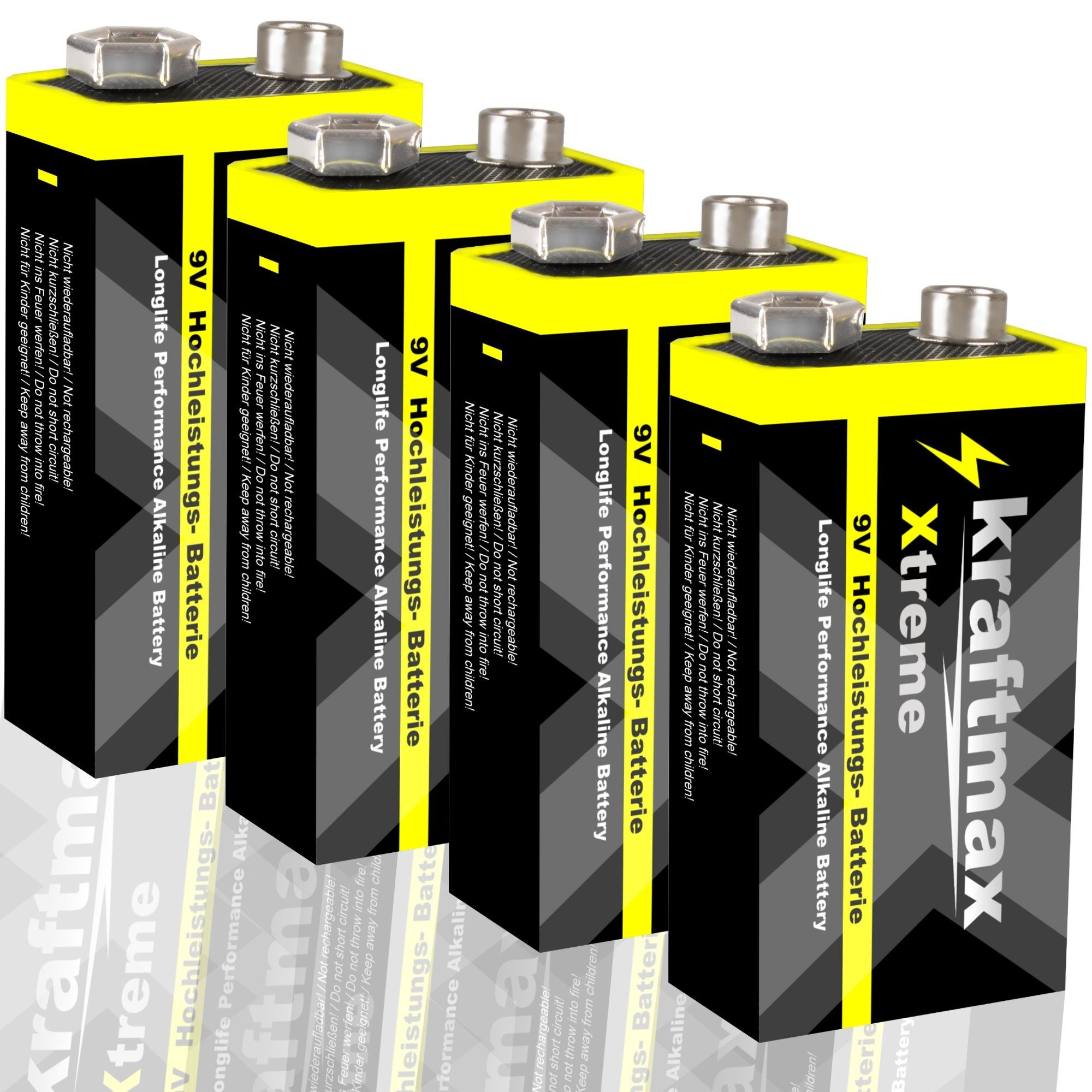 kraftmax 4er Pack Xtreme 9V Block Hochleistungs- Batterien für z.B. Rauchmelder Batterie, (1 St)