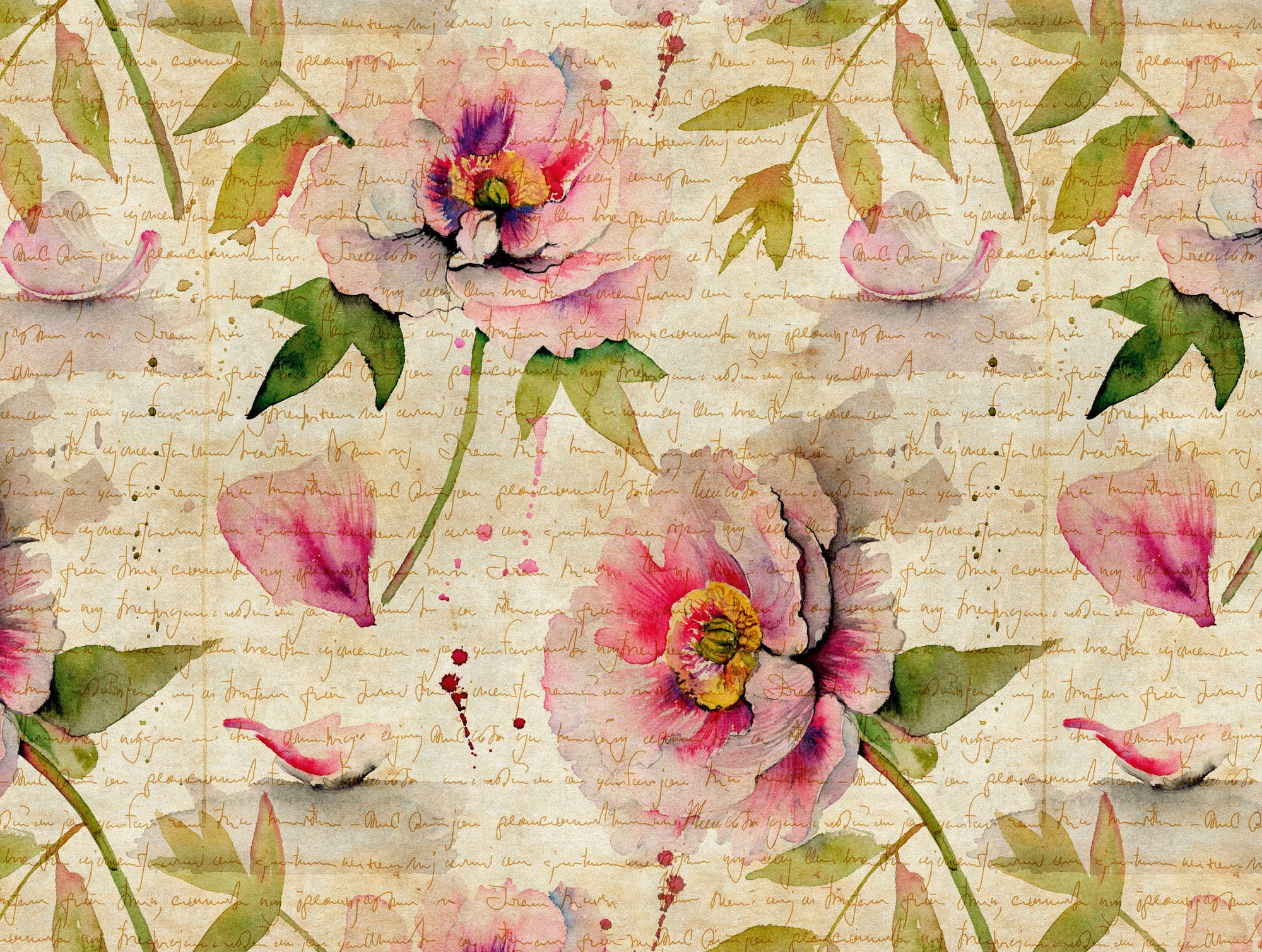 Fototapete The natürlich, living Vintage geblümt, Beige Blume floral, Tapete Wall, Rosa glatt, Fototapete walls Grün