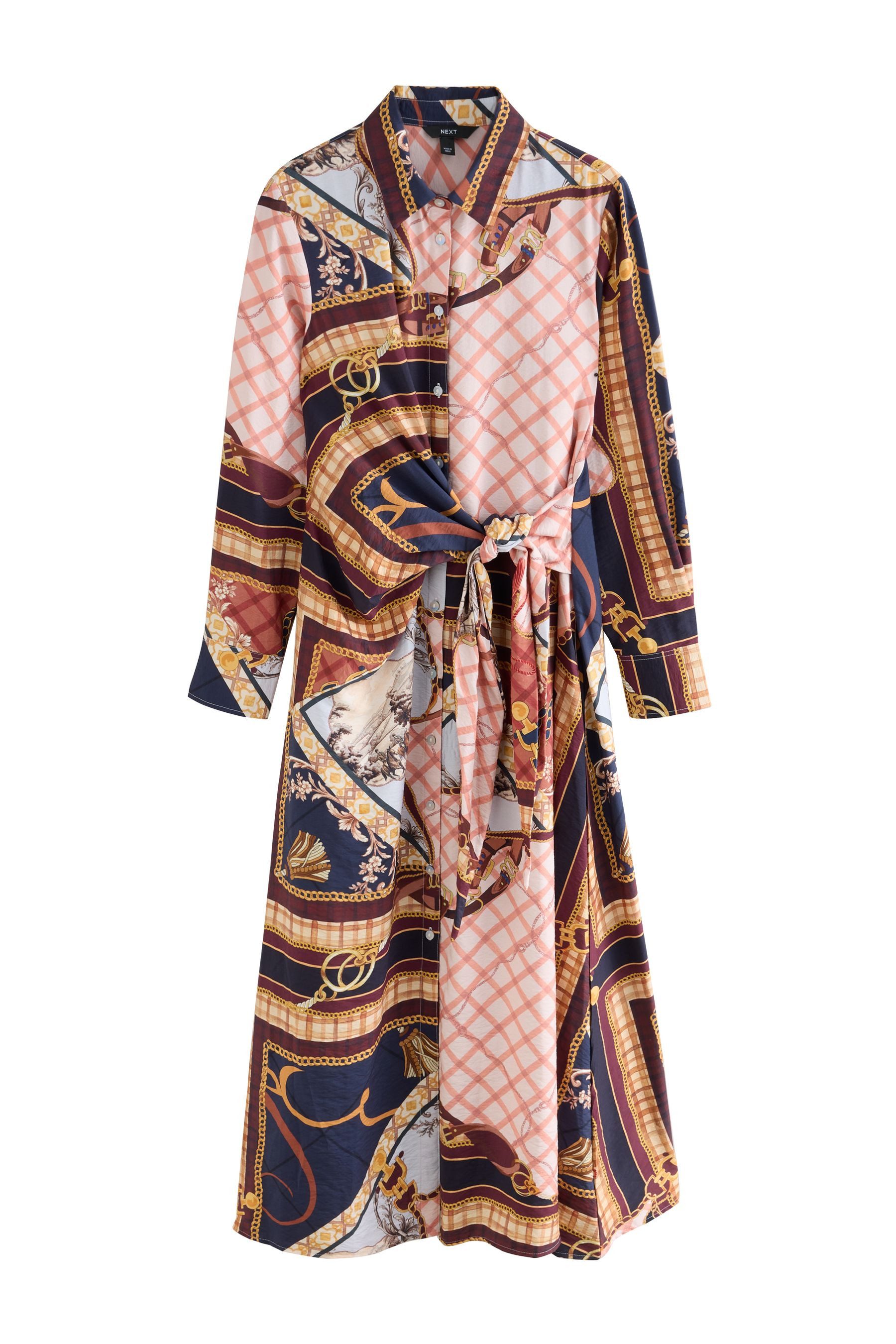 Next Hemdblusenkleid Langärmeliges Midi-Hemdkleid mit Bindegürtel (1-tlg)