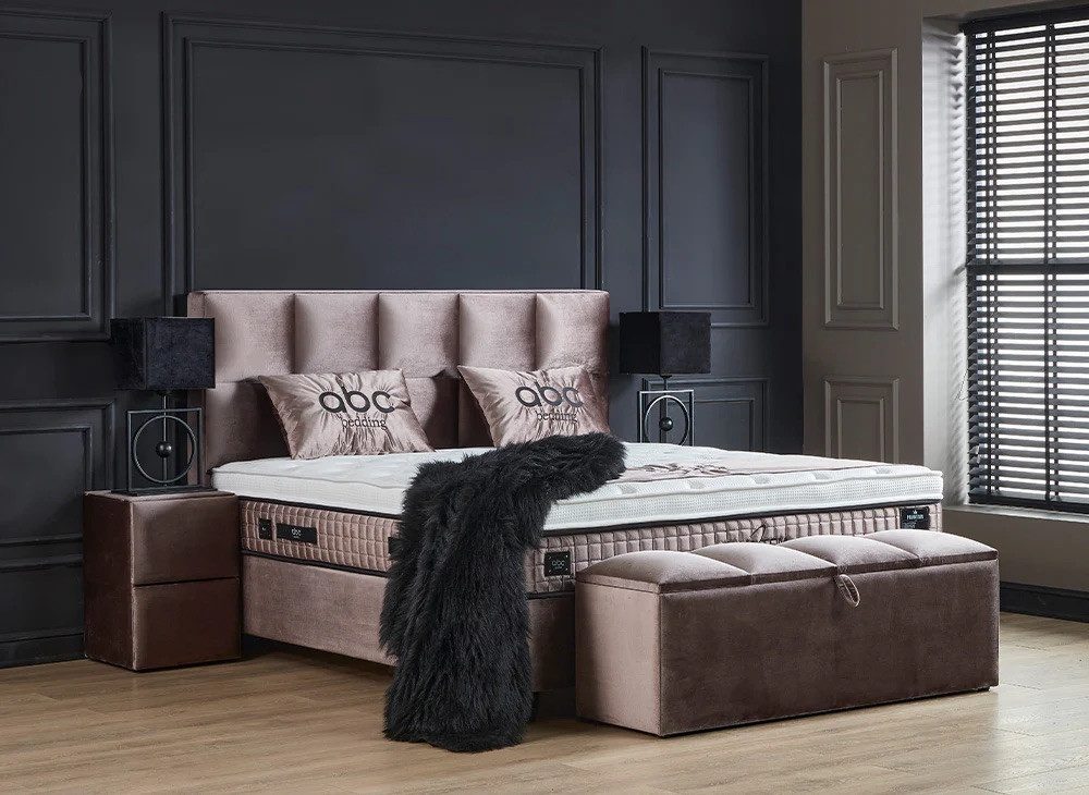 abc bedding Boxspringbett PHANTOM Voll-orthopädisches Komfortbett mit Samt in Beige (inkl. Matratze & Topper), 90x200 cm Funktionsbett mit Bettkasten