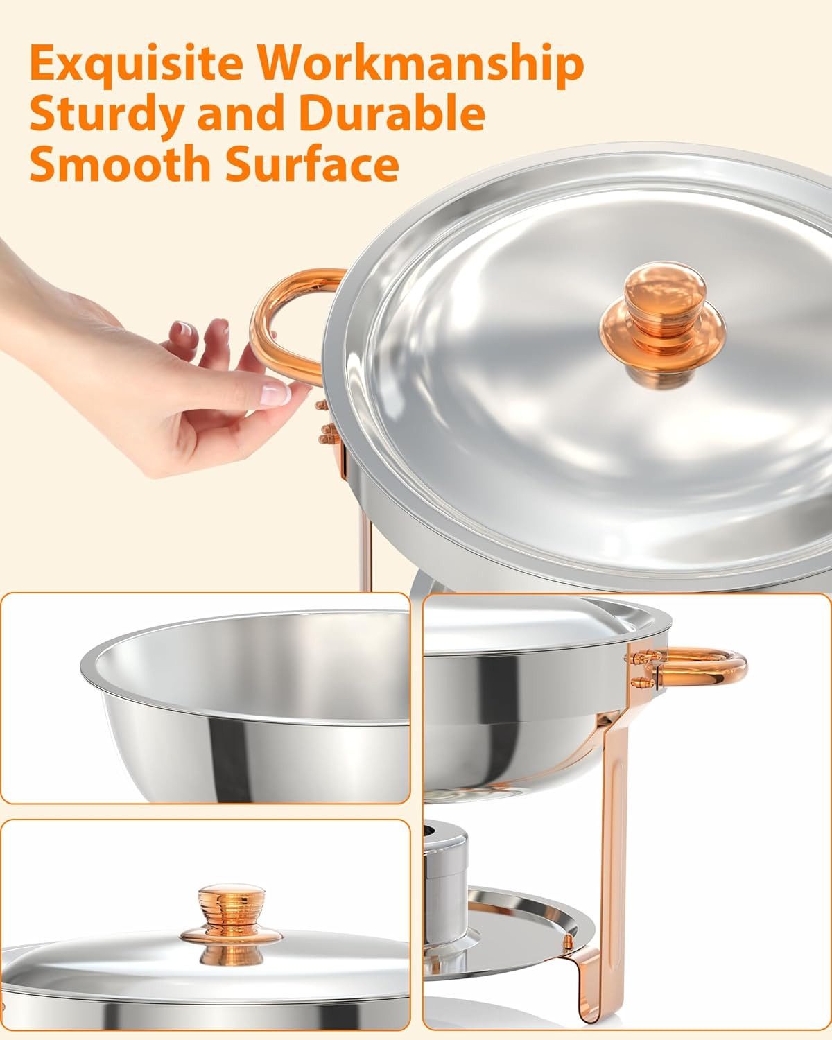 GarveeMore Speisenwärmer 5L runde Edelstahl-Chafing-Dishes und Warmhaltebehälter, (6-tlg), Speisenwärmer Roségold mit Glasdeckel für Catering,Partys,Abendessen – Bild 4 von 5