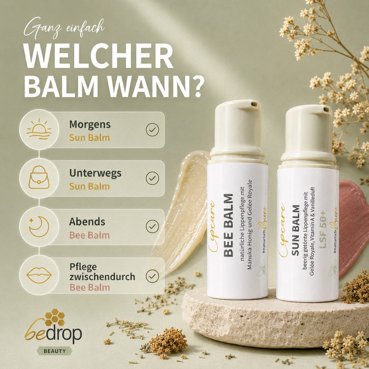 bedrop Lippenbalsam Lippenpflegeset: Doppelte Pflegepower: Bee Balm & Sun Balm LSF 50+, Power-Duo: Lippenpflege aus dem Bienenstock für jeden Anlass