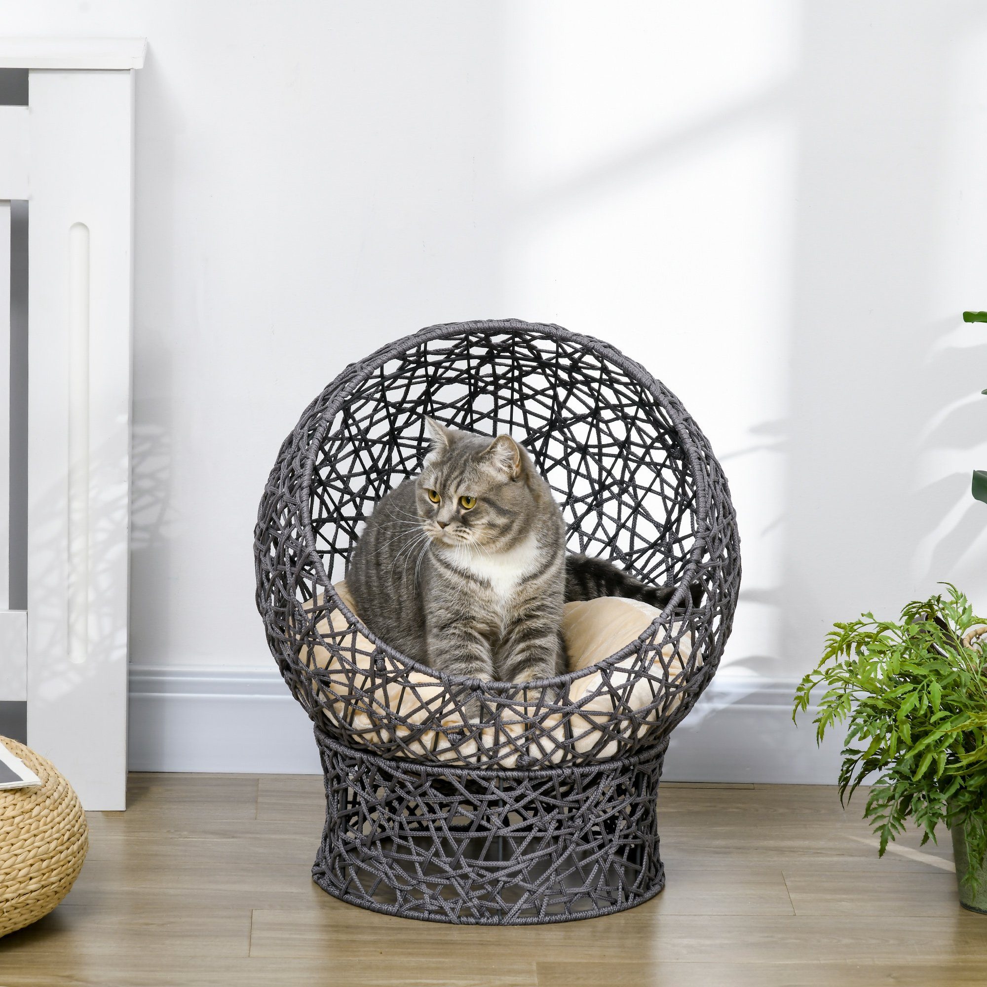 PawHut Katzenkorb Katzenhöhle mit Kissen 50 x 50 x 60 cm aus Polyester-Seil, zylindrischer Sockel in Violett & Cremeweiß, gemütliches Katzenbett   Aosom.de von PawHut