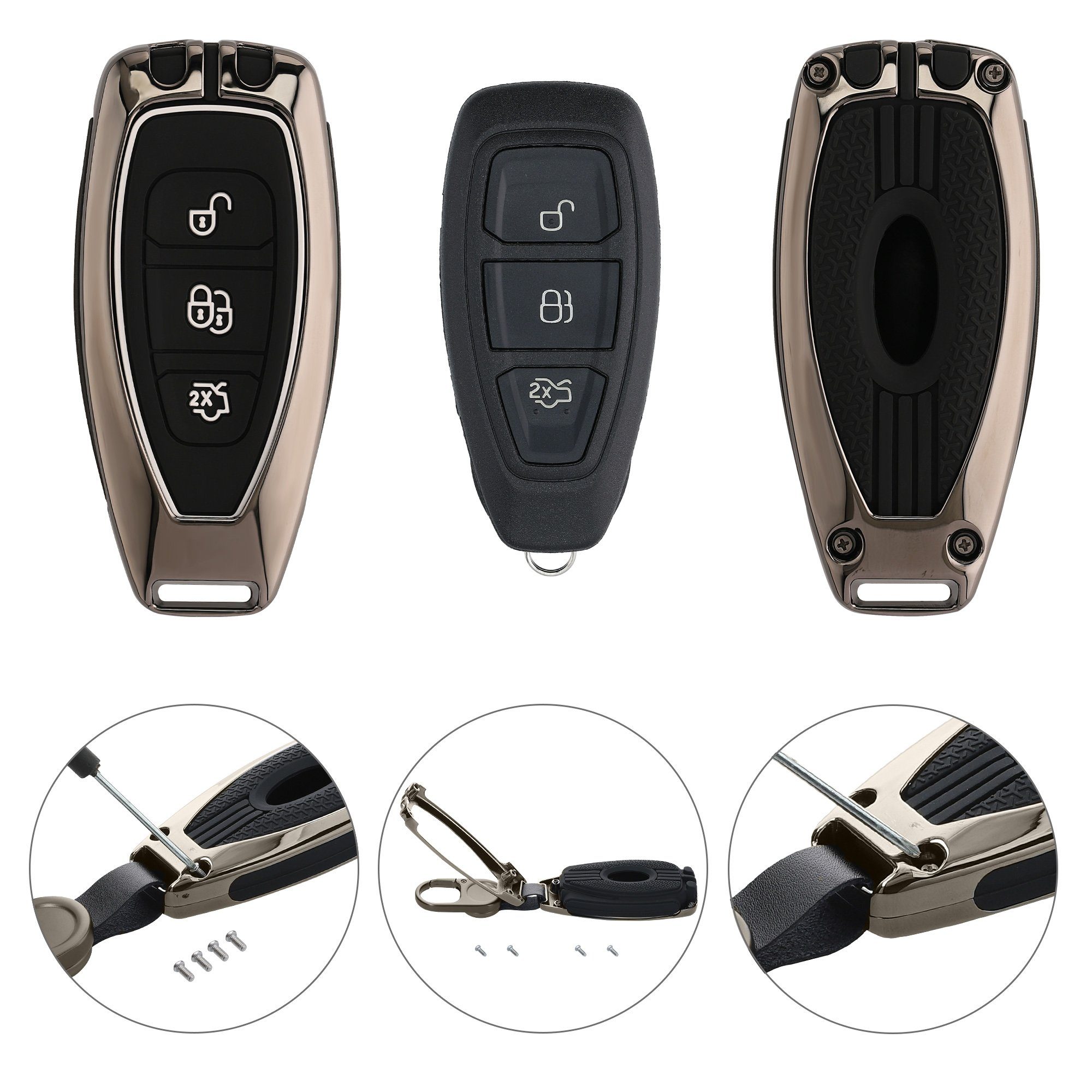 Keyless Autoschlüssel Go, Dunkelgrau Metall kwmobile 3-Tasten Ford für Hardcover Autoschlüssel Hülle Schlüsseltasche Schutzhülle