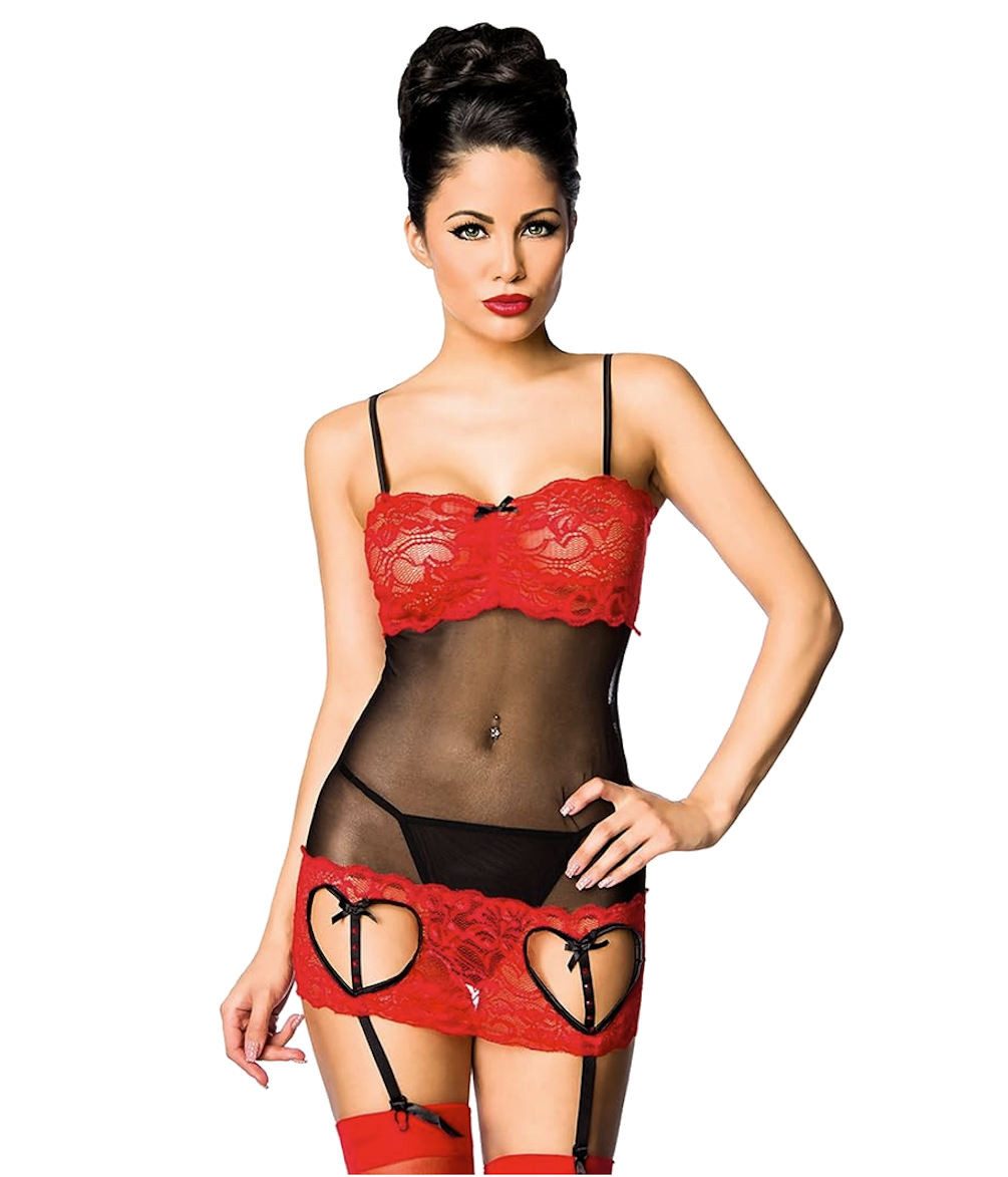 Negligé Negligee aus Netz und Spitze Chemise inkl. String Dessous