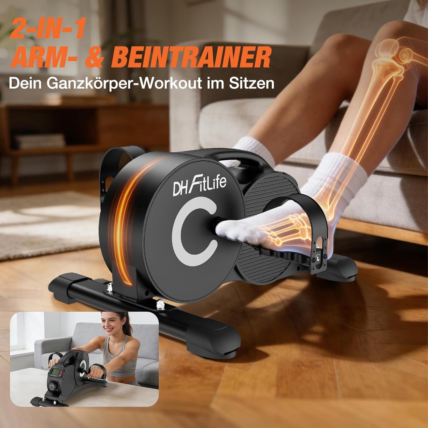DH FitLife Pedaltrainer Beintrainer für Zuhause mit 16-stufigem Magnetwiderstand, (1-St., für Senioren & Rehabilitation), 3-fach Anti-Rutsch-System, extra leise, bis 220 kg belastbar