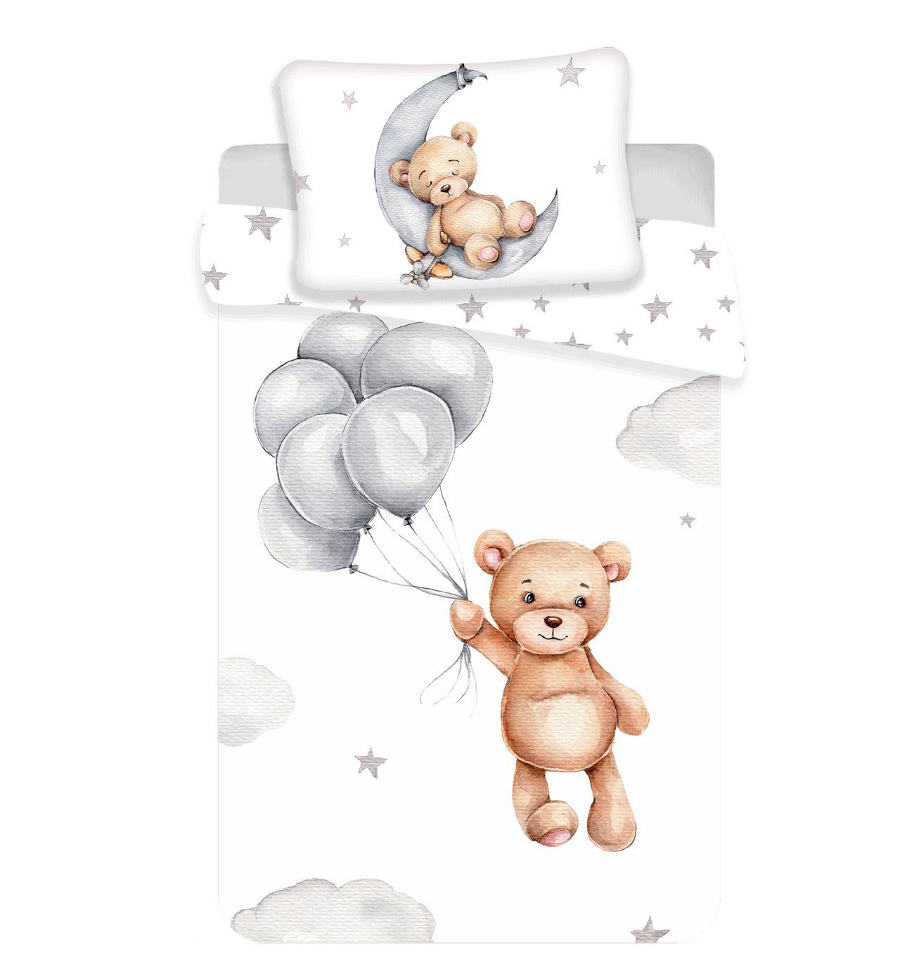 Häßler Homefashion Babybettwäsche Set Bär Weiß 100x135 cm, 40x60 cm, 100% Baumwolle, 2 teilig, mit Reißverschluss