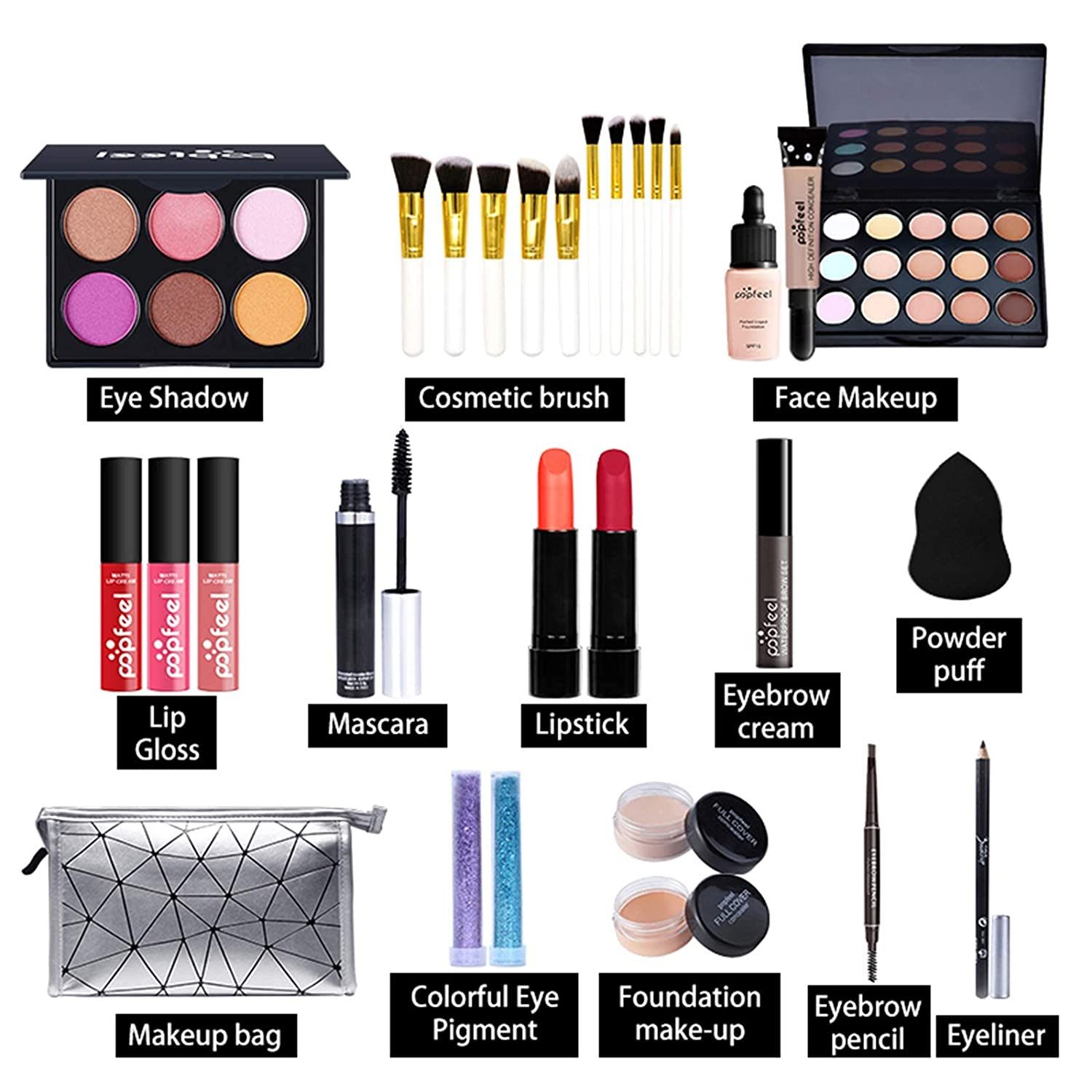 KINSI Make-up Set 16/19-teiliges Make-up Set, Schmink Geschenkset, Einsteiger Set, 19-tlg., Enthält Lidschattenpalette, Lippenstift, Eyeliner, Mascara und Pinsel