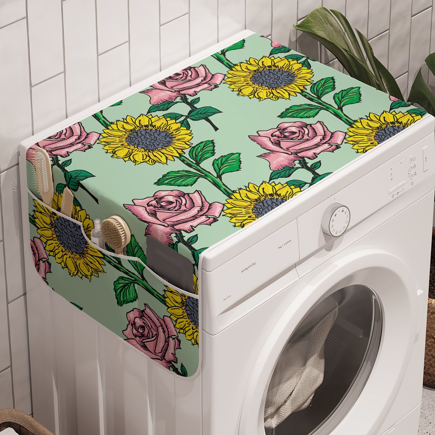 Abakuhaus Badorganizer Anti-Rutsch-Stoffabdeckung für Waschmaschine und Trockner, Blume Sonnenblumen und Rosen