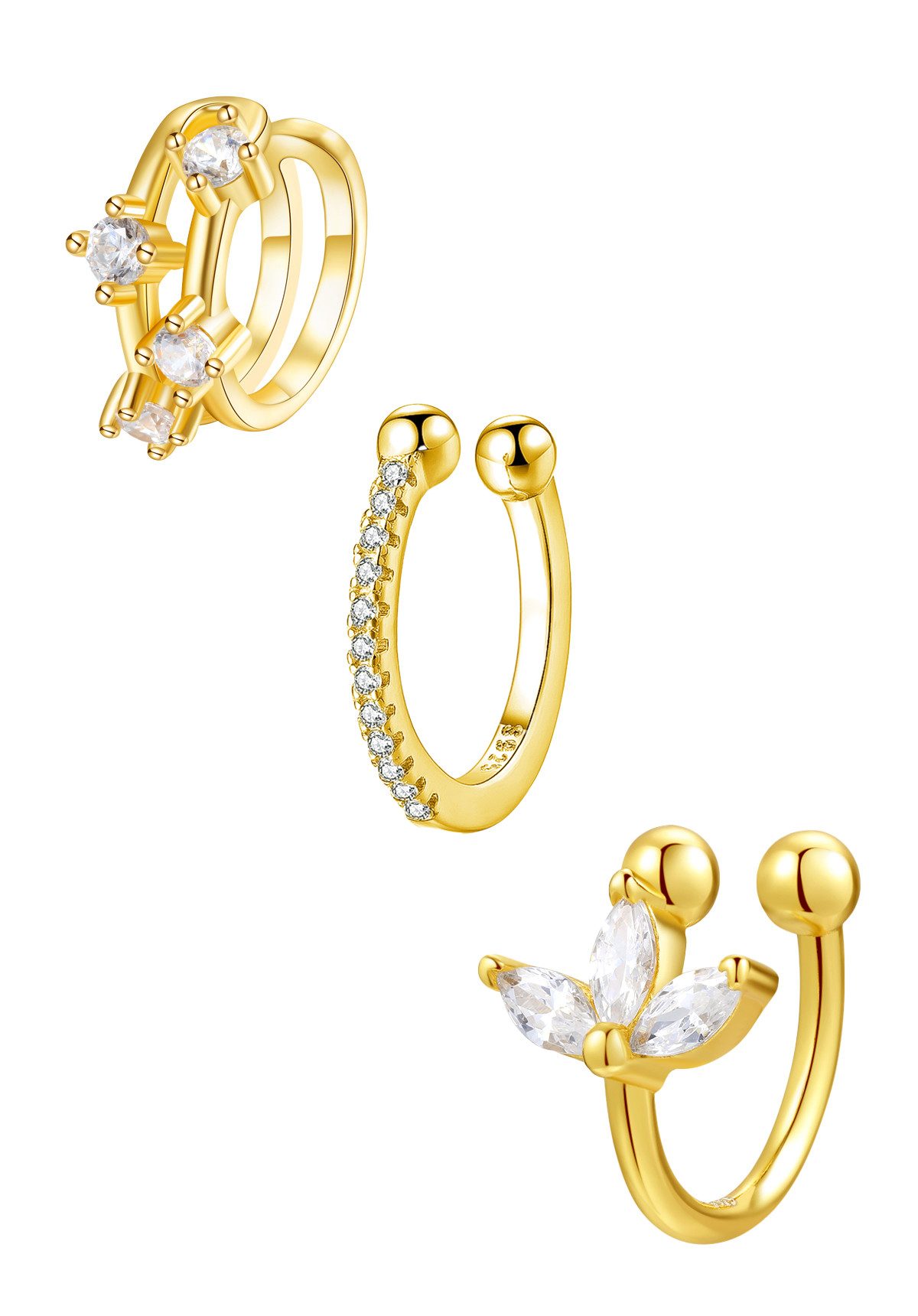 Hey Happiness Ohrklemmen-Set 3er Kristalle, Ear Cuff Silber 925 Damen, Vergoldetes Layer Set 3-tlg., Ohrringe ohne Loch