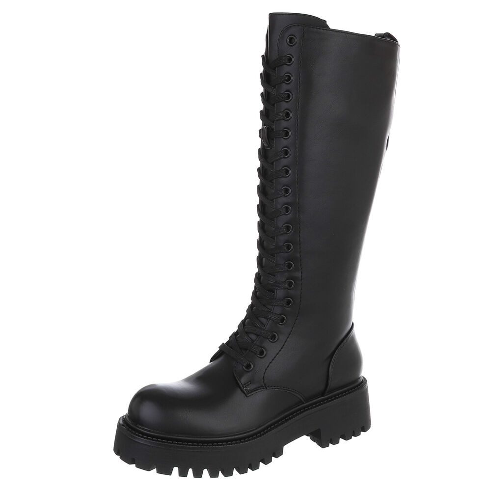 Ital-Design Damen High-Top Schnürstiefel Combat-Stil robust Plateaustiefel (92457875) Blockabsatz Stiefel in Schwarz