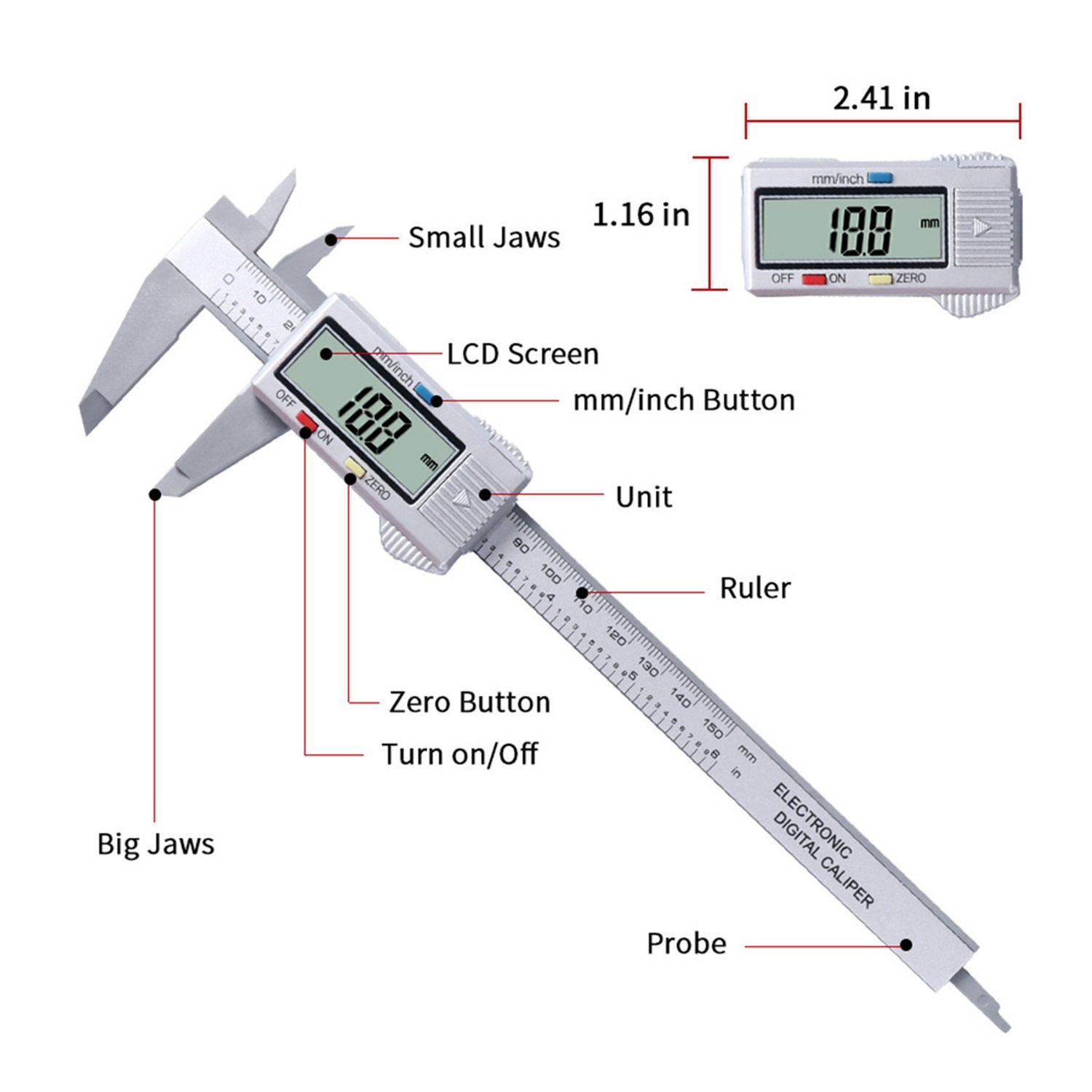 Schieblehre Display Olotos Abschaltung Batterie, Digitaler mit Silber Messschieber und Messlehre für LCD Innen- automatische Außen-, 0-150mm Tiefenmaß