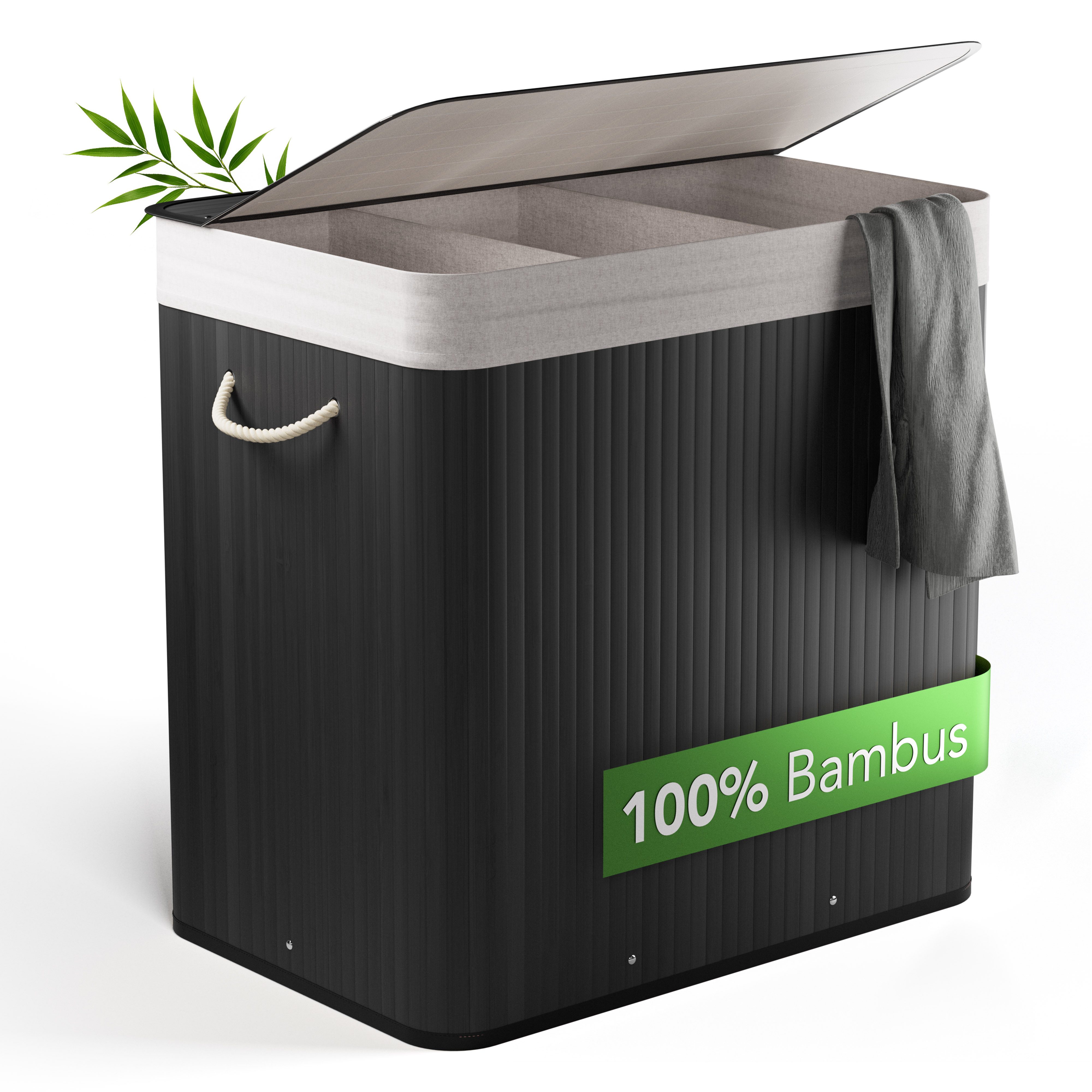 NewHabitat Wäschekorb Bambus Wäschekorb 3 Fächer, 150L Wäschesammler mit Deckel & Sack