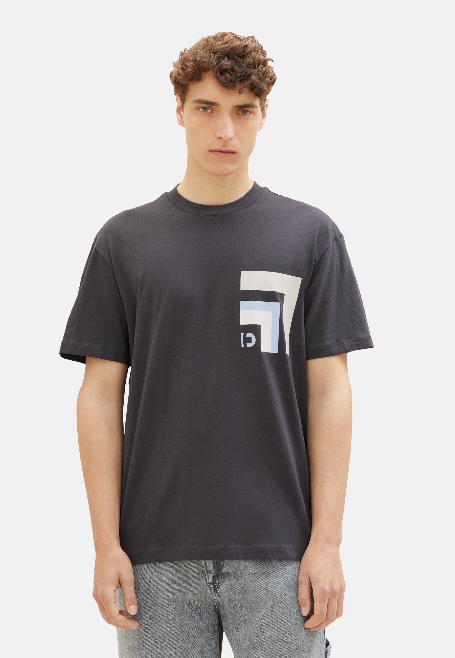 TOM TAILOR (1-tlg) T-Shirt TOM T-Shirt Denim Kurzarmshirt Rundhalsausschnitt grau und TAILOR mit