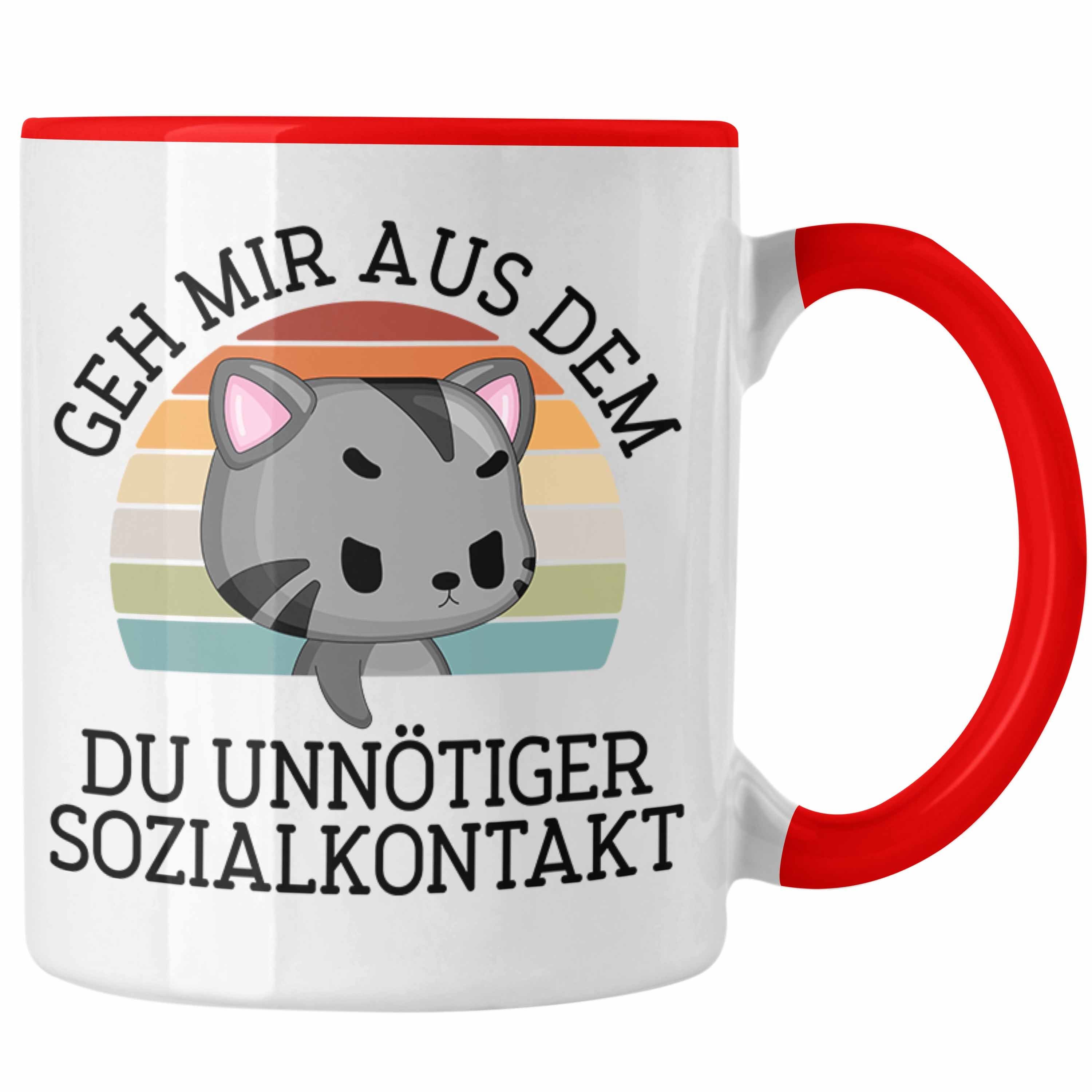 Trendation Tasse Trendation - Lustige Tasse Geh Mir Aus Dem Weg Du Unnötiger Sozialkontakt Geschenk Katze Witzige Tasse für Frauen Männer Rot