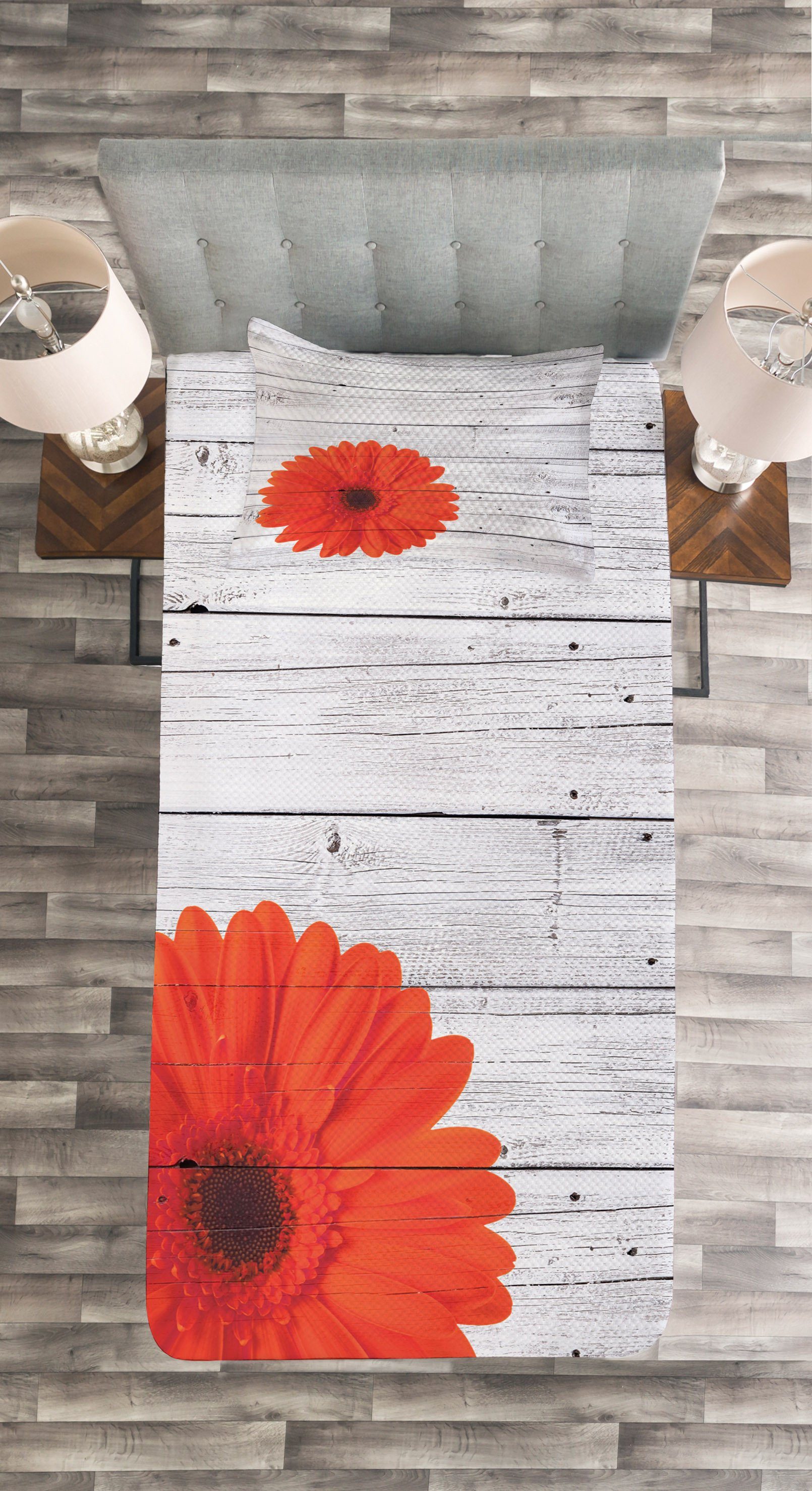 Tagesdecke Set mit Kissenbezügen Waschbar, Blumenfigur Rustikal Calendula Abakuhaus