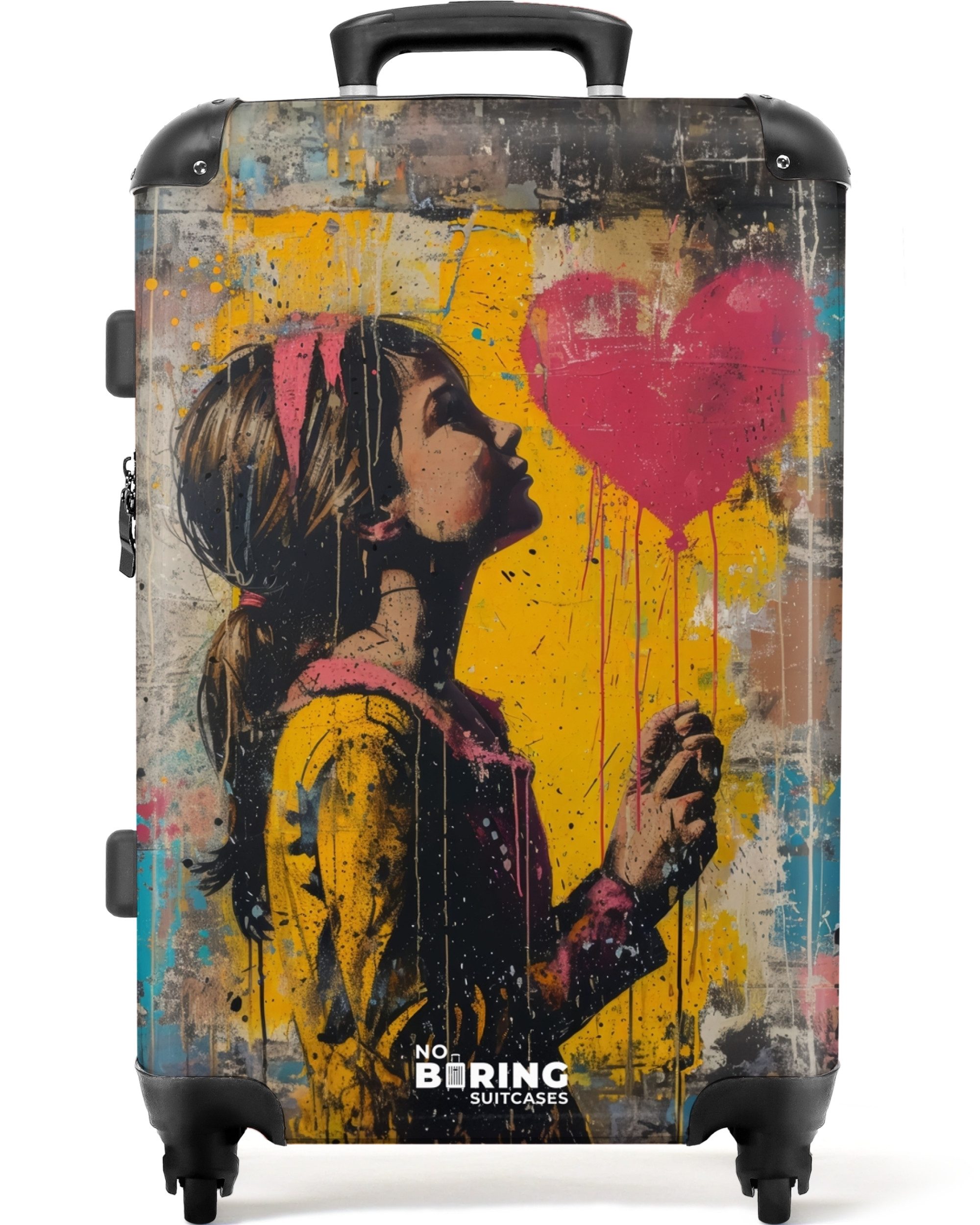 NoBoringSuitcases.com© Hartschalen-Trolley Mädchen mit herzförmigem Luftballon im Graffiti-Stil 67 cm - 72 L, 4 Rollen, Koffer Mittelgroß für 20kg, Suitcase für Erwachsene, Reisekoffer