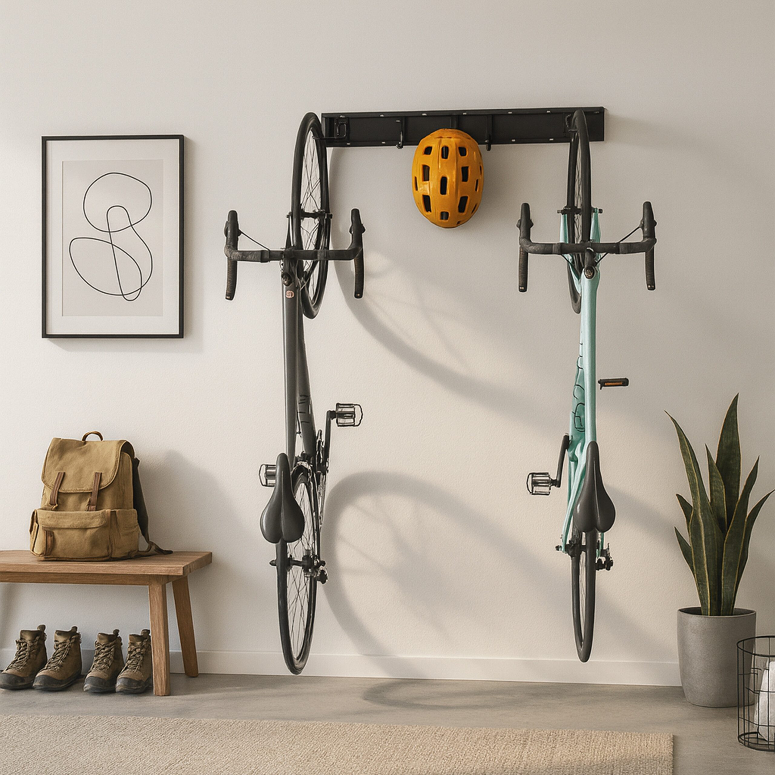 relaxdays Fahrradwandhalterung Fahrrad Wandhalterung mit Schiene (4-tlg), 4 Fahrräder + 4 Helme