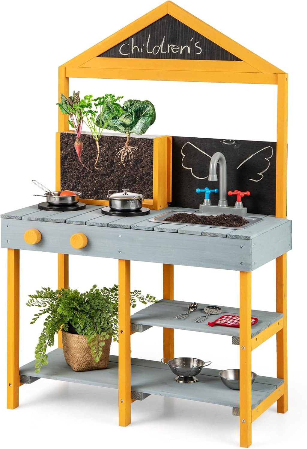 COSTWAY Outdoor-Spielküche Holz, Kinderküche mit Wasserhahn, günstig online kaufen