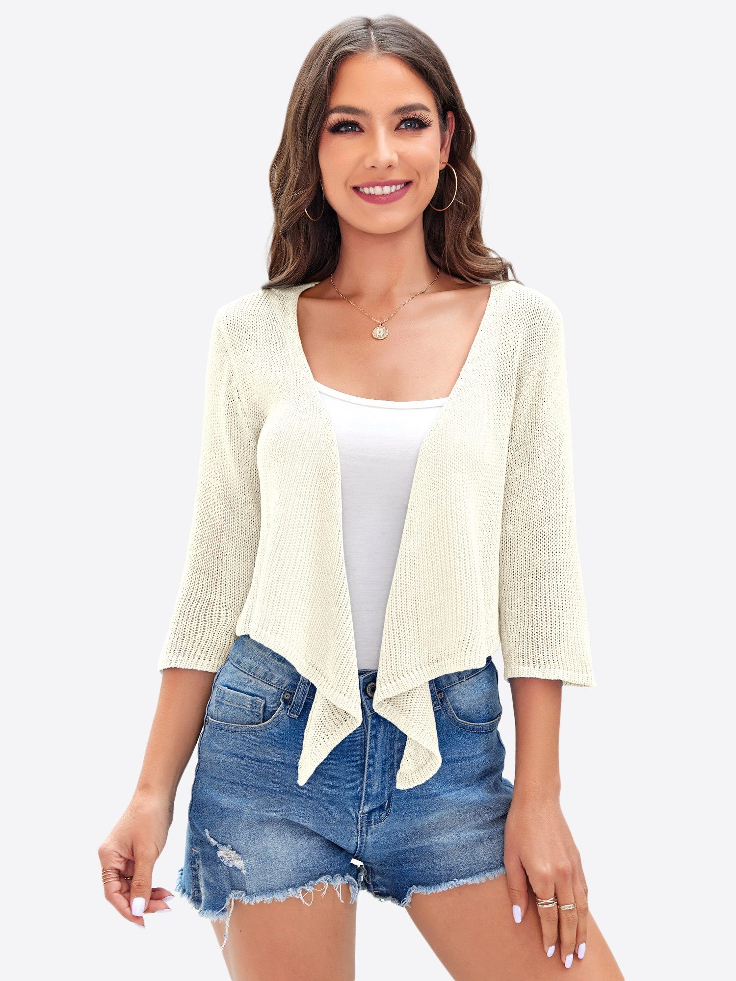 Imily Bela Bolero Damen Shrug Stricken 3/4-Ärmel Bindegürtel Knoten Sweater günstig online kaufen