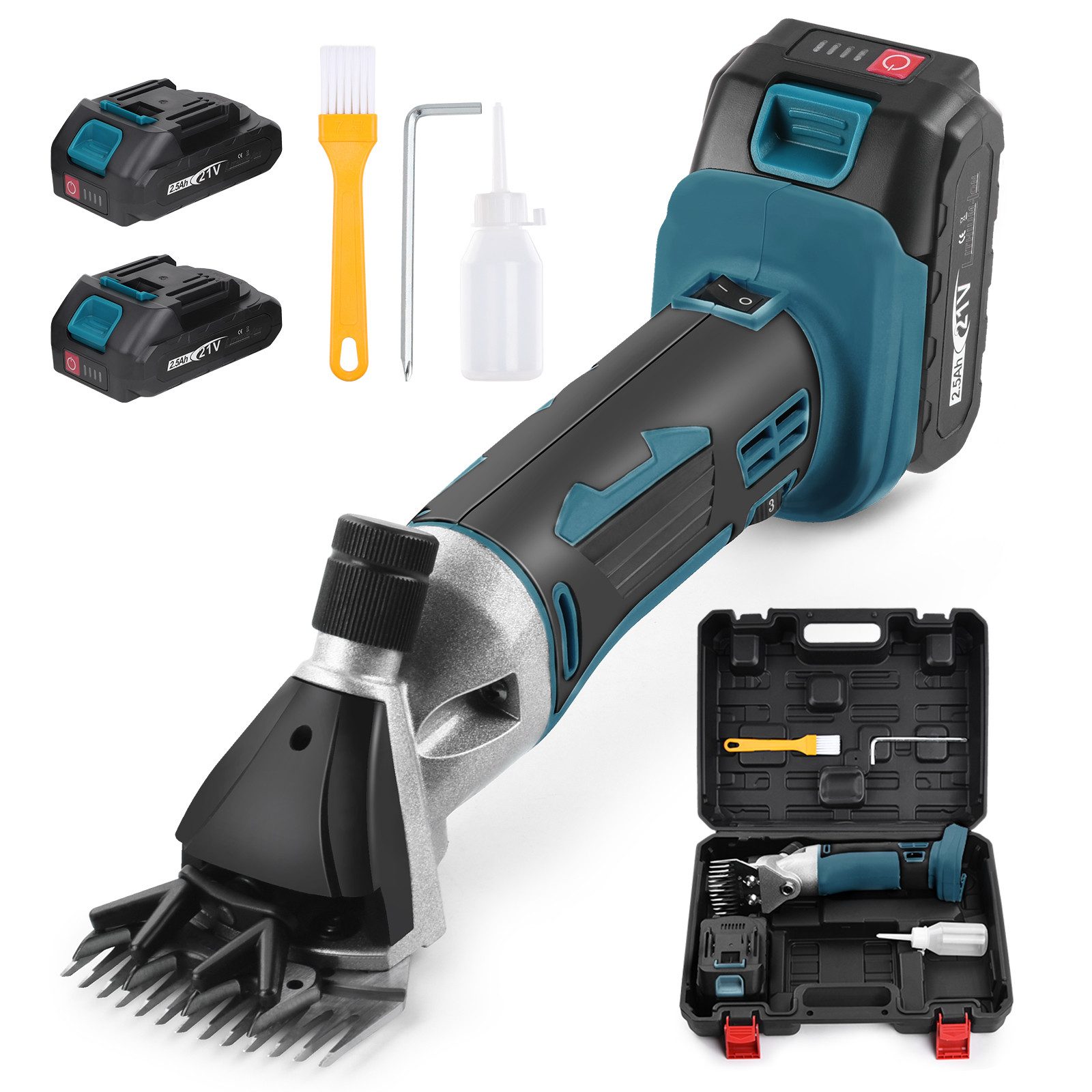 XERSEK Hundeschermaschine Schermaschine für Schafe & Hunde, 500W Schafschermaschine Schafschere, inkl.2 Akkus, 2 Klingen, Bürste, 2400 U/min, 6-stufig einstellbar, Leicht Kabellose Schermaschine Schafe Set Kompatibel mit Makita Akku