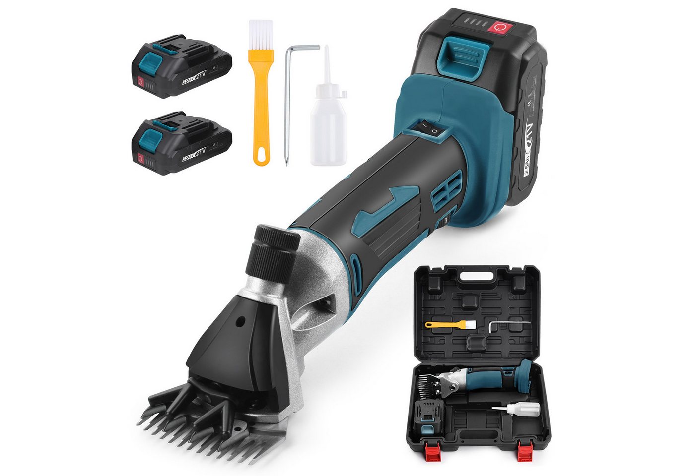 XERSEK Hundeschermaschine Schermaschine für Schafe & Hunde, 500W Schafschermaschine Schafschere, inkl.2 Akkus, 2 Klingen, Bürste, 2400 U/min, 6-stufig einstellbar, Leicht Kabellose Schermaschine Schafe Set Kompatibel mit Makita Akku
