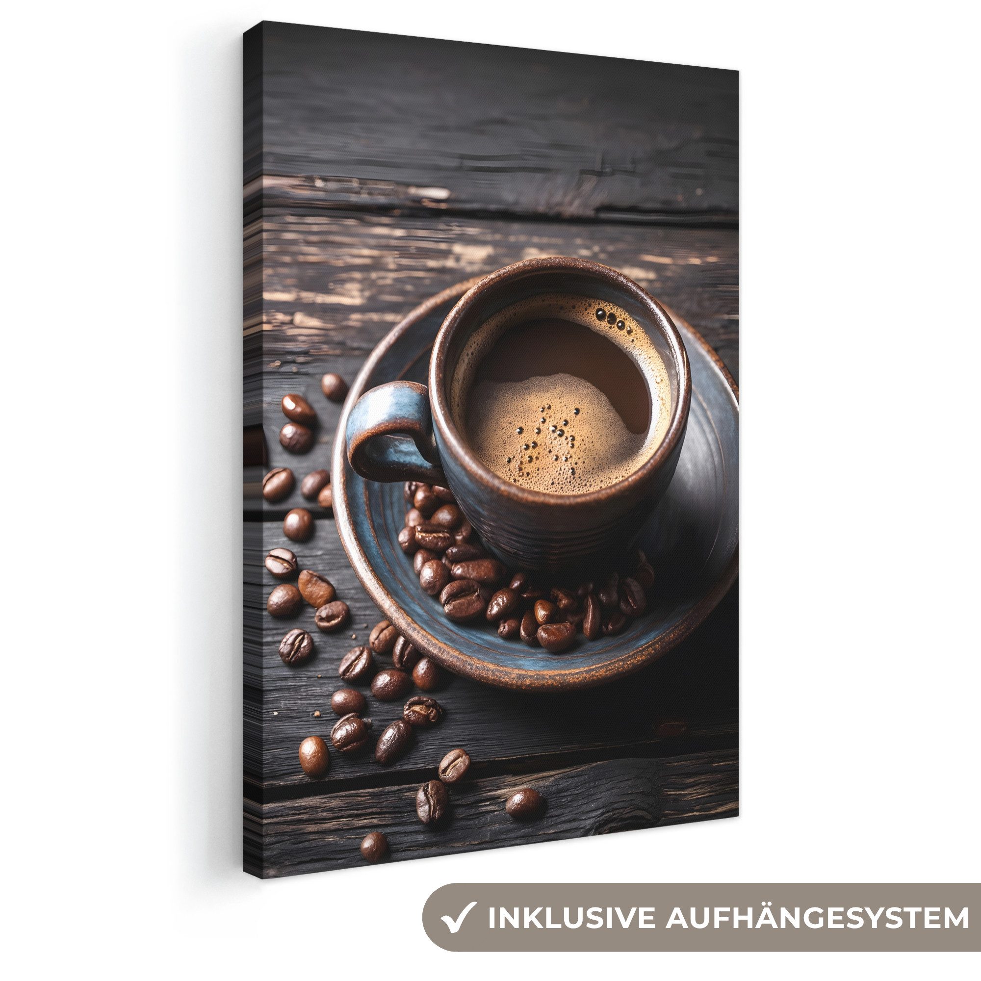 OneMillionCanvasses® Leinwandbild Tasse - Kaffee - Holz - Bohnen, Fotodruck (1 St), Wandbilder für Esszimmer, Wanddeko Bilder Küche, 20x30 cm