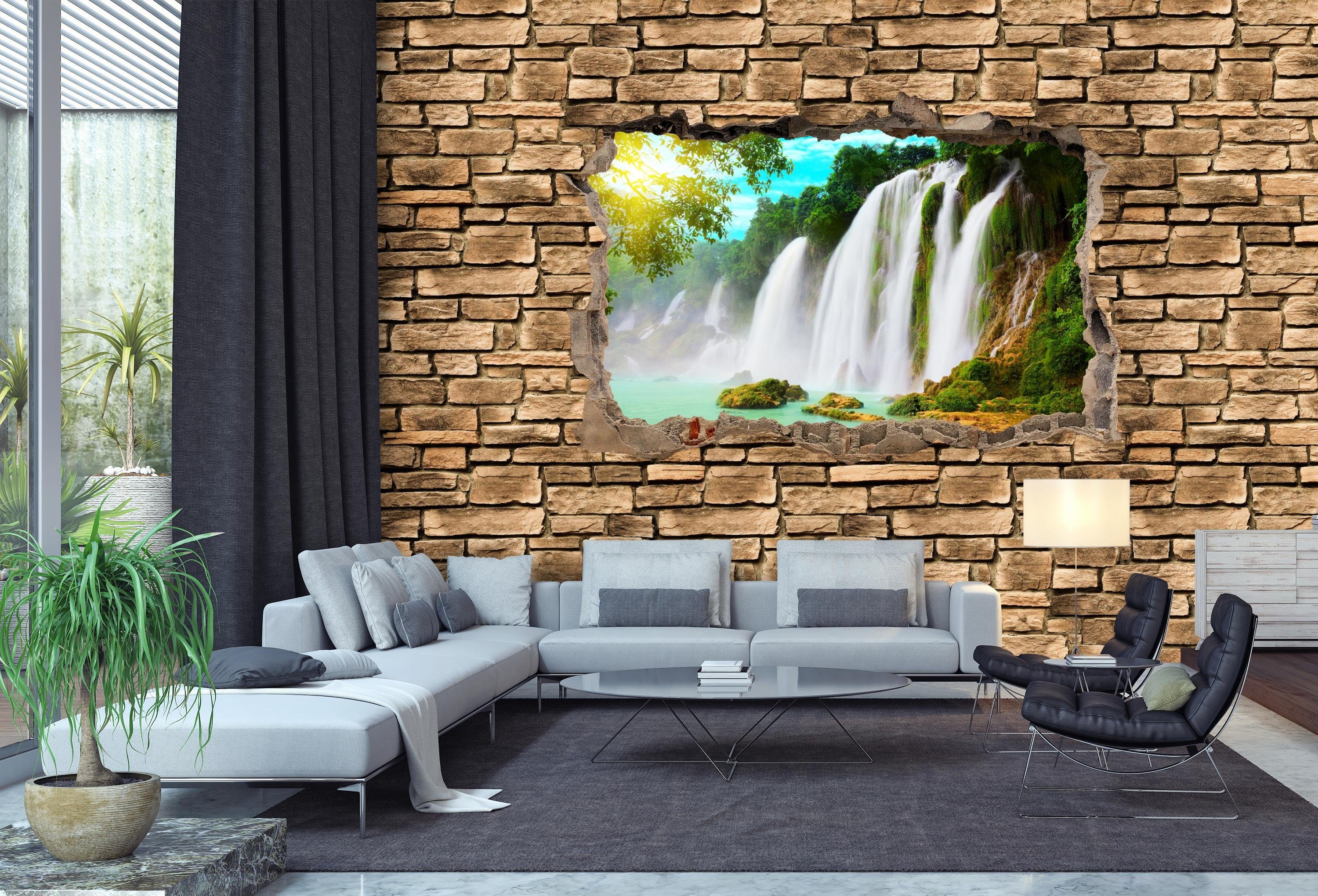 wandmotiv24 Fototapete 3D Wasserfall - matt, glatt, Wandtapete, Motivtapete, Steinmauer, Vliestapete