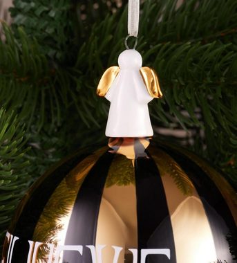 BRUBAKER Weihnachtsbaumkugel Premium Weihnachtskugel Believe Gold Schwarz - 10cm Baumkugel aus Glas (1 St), Christbaumschmuck mit Engel Porzellan-Figur - Christbaumkugel aus Glas