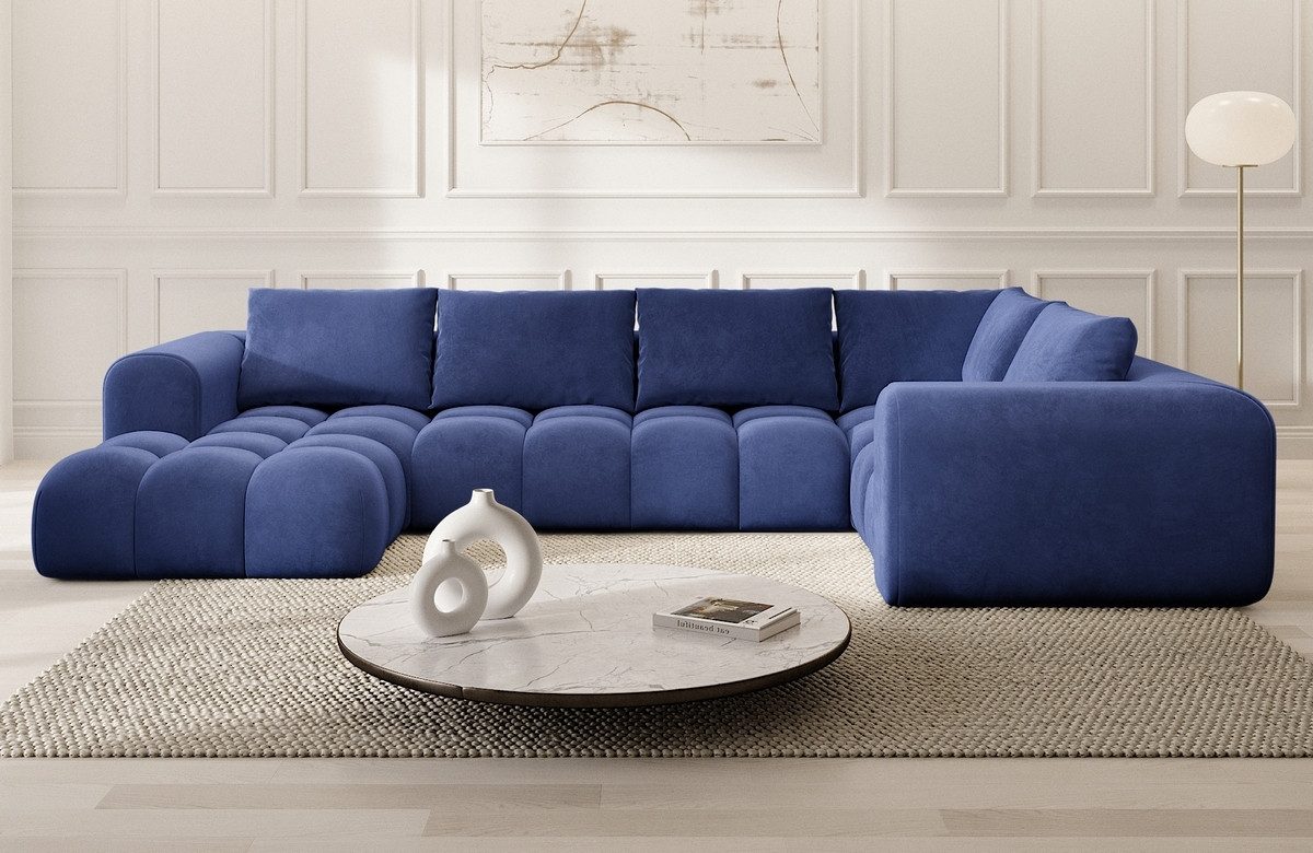Sofa Dreams Wohnlandschaft Casaluna U Form Design Stoff Couch, 6-Sitzer, Polsterecke, Ottomane links, Samtstoff Dunkelblau