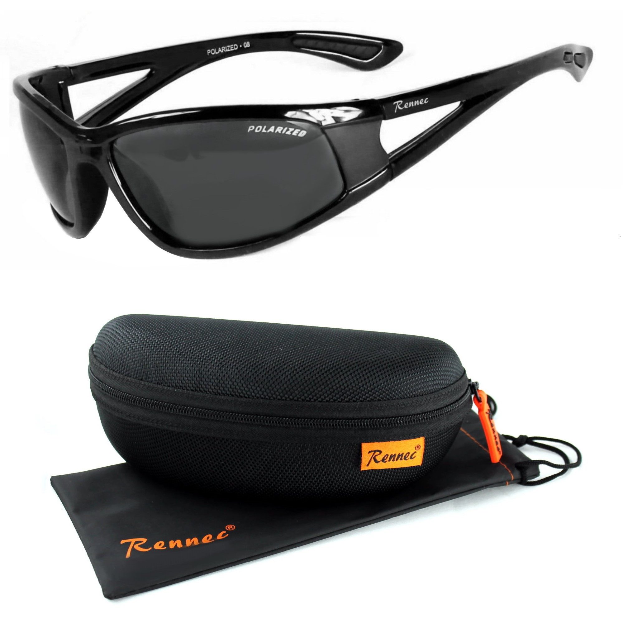 Rennec Sonnenbrille (Sportbrille Herren Angelbrille Polbrille Leichtgewicht mit Hardcase) Sport Sonnenbrille Polarisiert Schwarz Getönt oder Farbig Verspiegelt