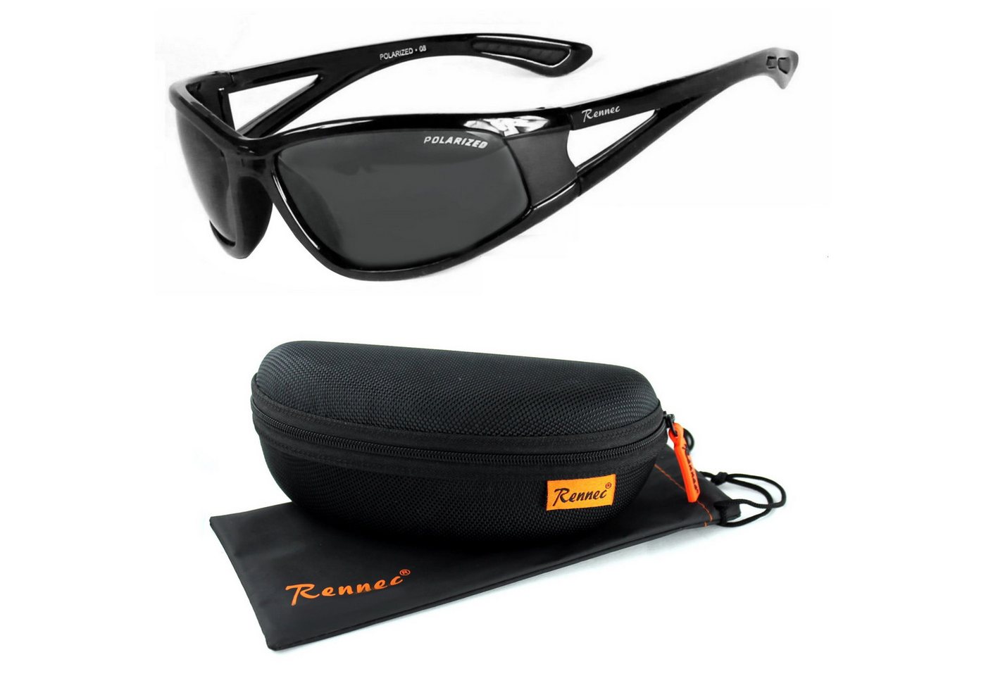 Rennec Sonnenbrille (Sportbrille Herren Angelbrille Polbrille Leichtgewicht mit Hardcase) Sport Sonnenbrille Polarisiert Schwarz Getönt oder Farbig Verspiegelt