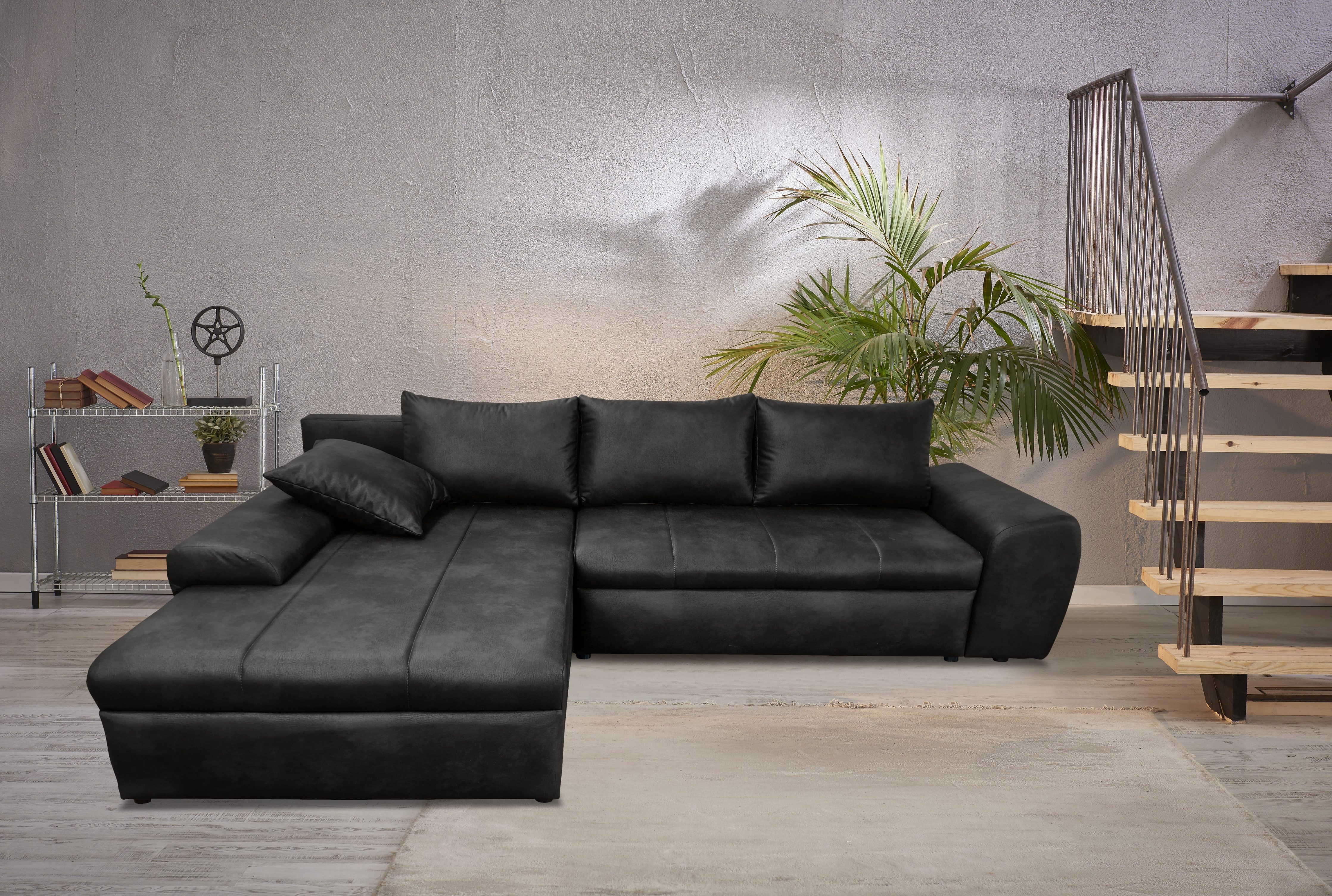 luma-home Ecksofa 18016, mit Bettfunktion B266/T186/H90 cm, Ottomane links, Federkern im Rücken, Wellenunterfederung,Bettkasten, Mikrofaser Leder-Optik Vintage Schwarz