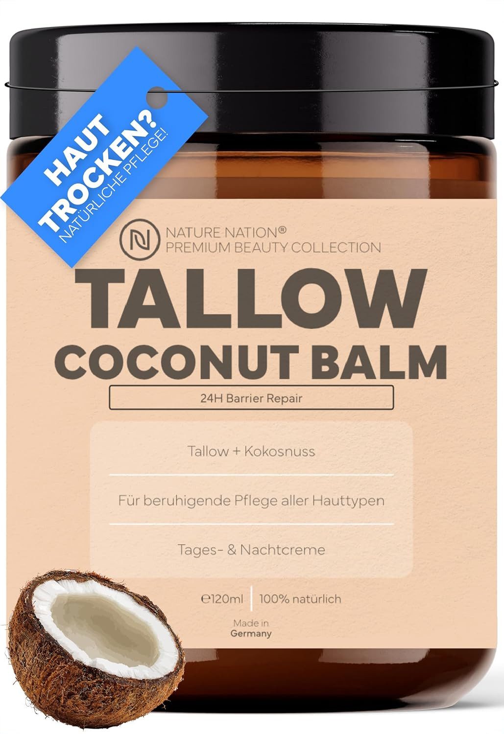 NATURE NATION Hautcreme TALLOW Natur Creme: 100% Beef Tallow Rindertalg Balm Barrier Repair, Reichhaltige Hautpflege, unparfümiert; Made in Germany