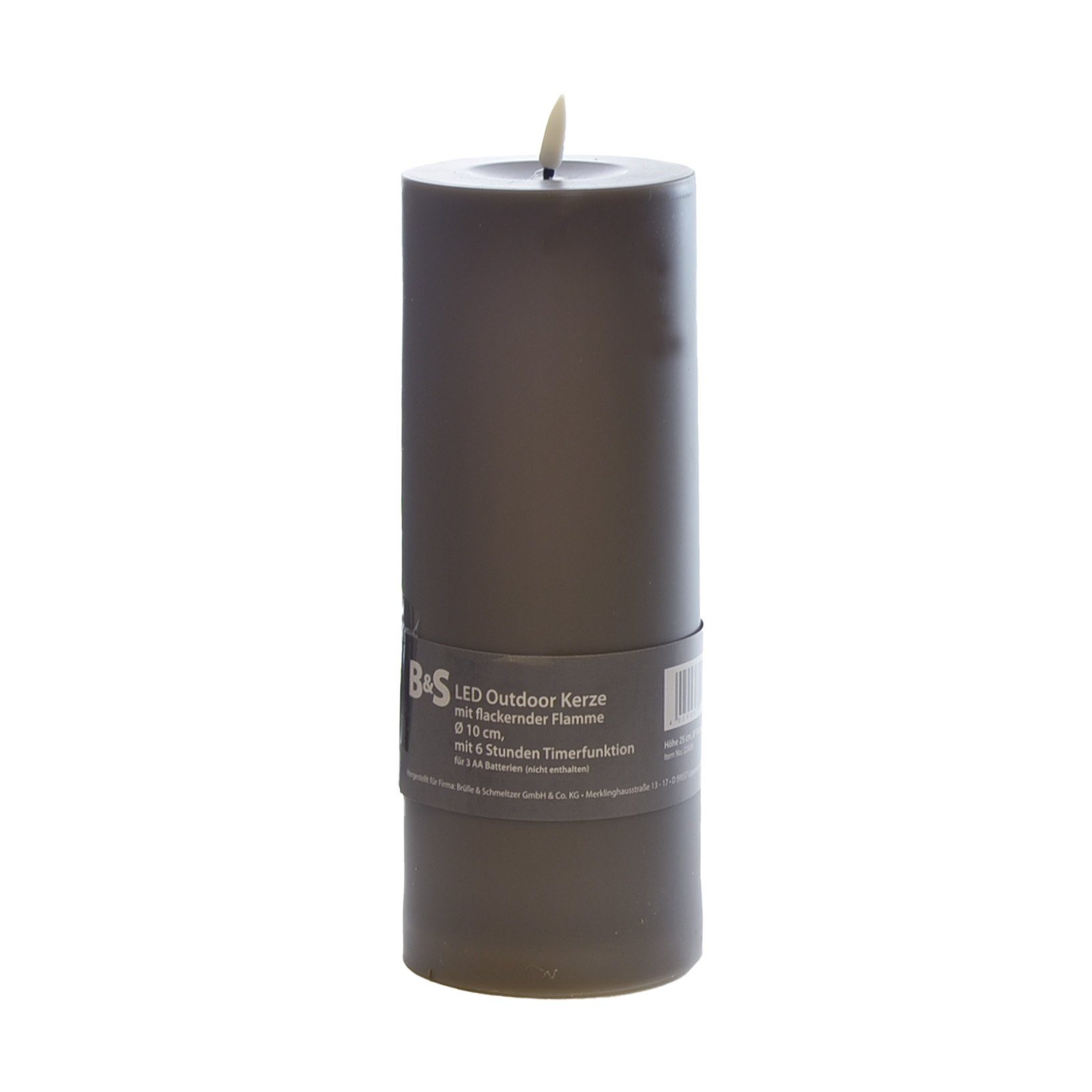 B&S LED-Kerze LED Kunststoffkerze Outdoor grau 25 x Ø 10 cm Flackerflamme & Timer